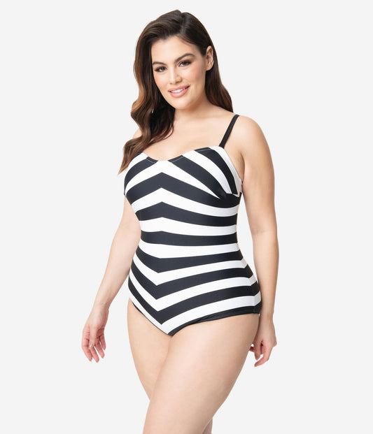Barbieª x Unique Vintage Plus Size Black & White Chevron Stripe One Piece Bathing Suit