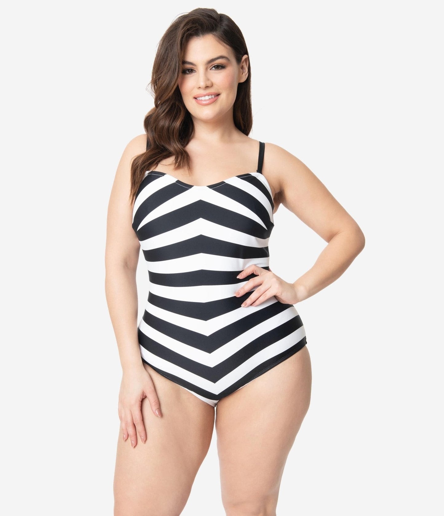 Barbieª x Unique Vintage Plus Size Black & White Chevron Stripe One Piece Bathing Suit