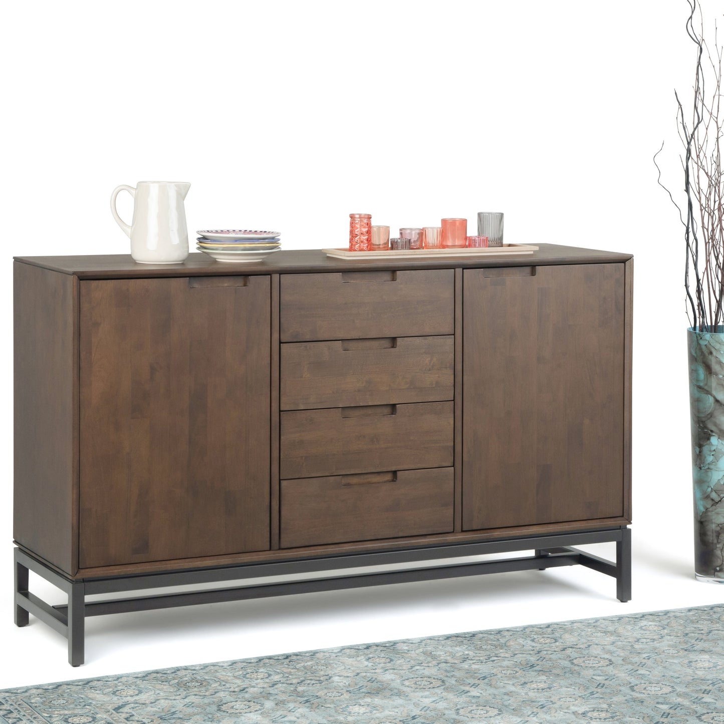 Sideboard with 4 Drawers and Metal Legs, Walnut Brown