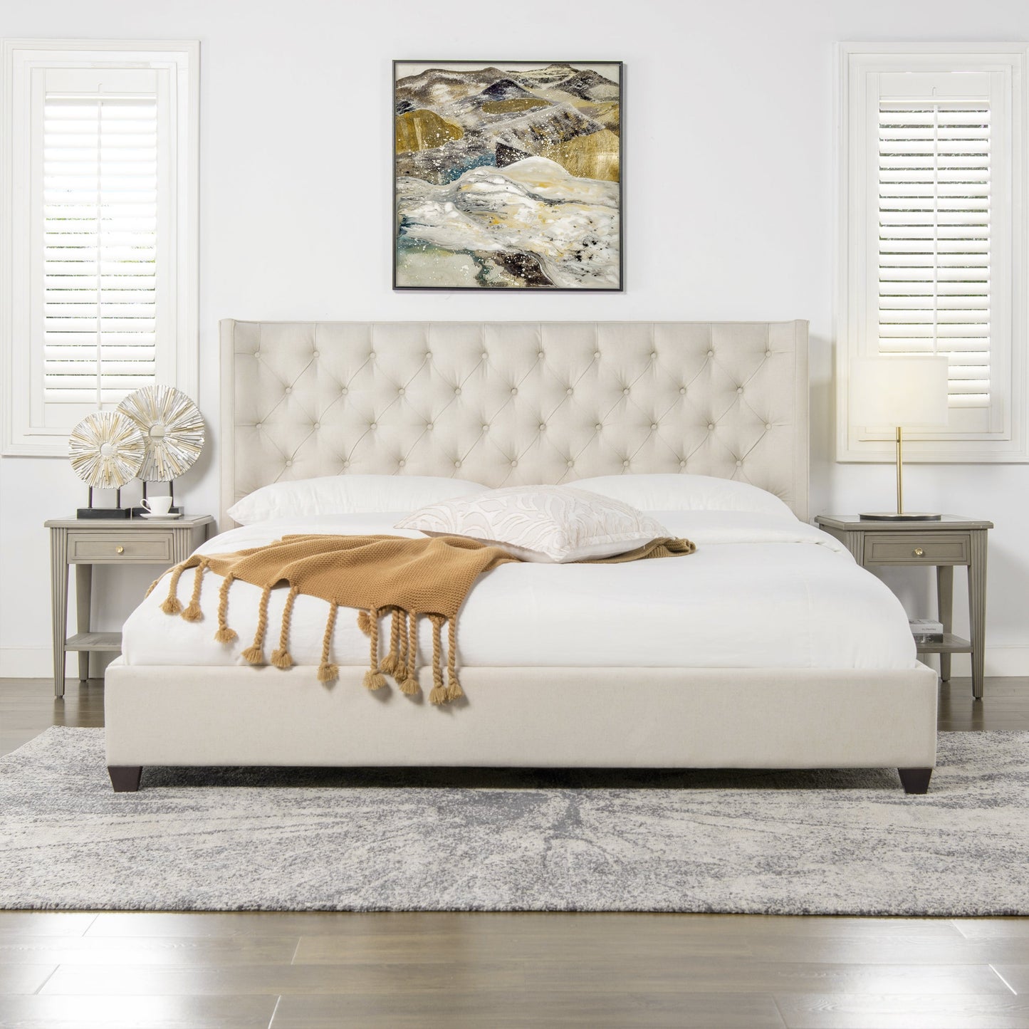 King-Size Upholstered Platform Bed with Tufted Headboard and Wing Back