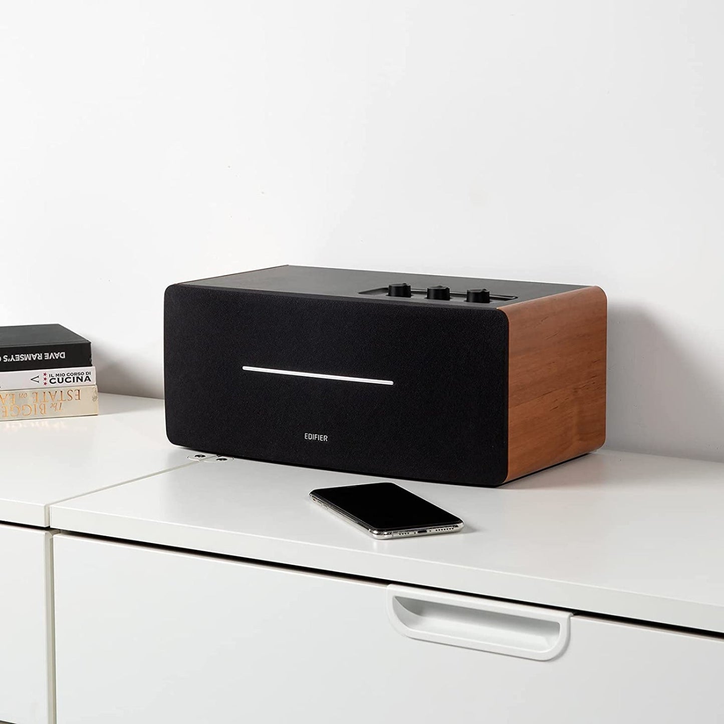 Edifier D12 Bookshelf Speaker Integrated Desktop Stereo Bluetooth Wireless Computer Speaker with Subwoofer Line Out (Wood)