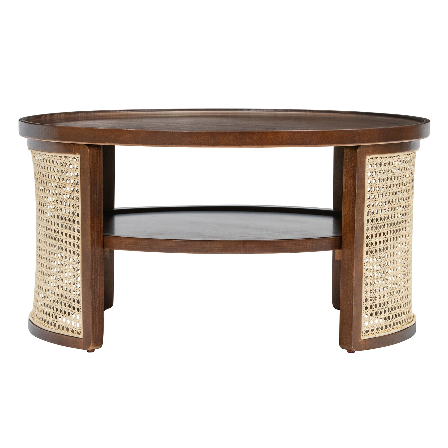 Wintered 2-Tiered Coffee Table with Rattan Base and Curved Edge Design