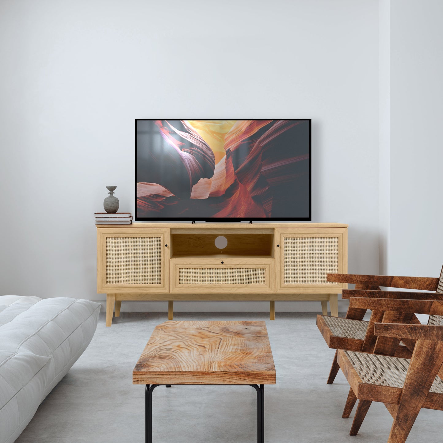 Caned TV Stand, Drawer, Storage Doors Fits TVs up to 65", Cable Management