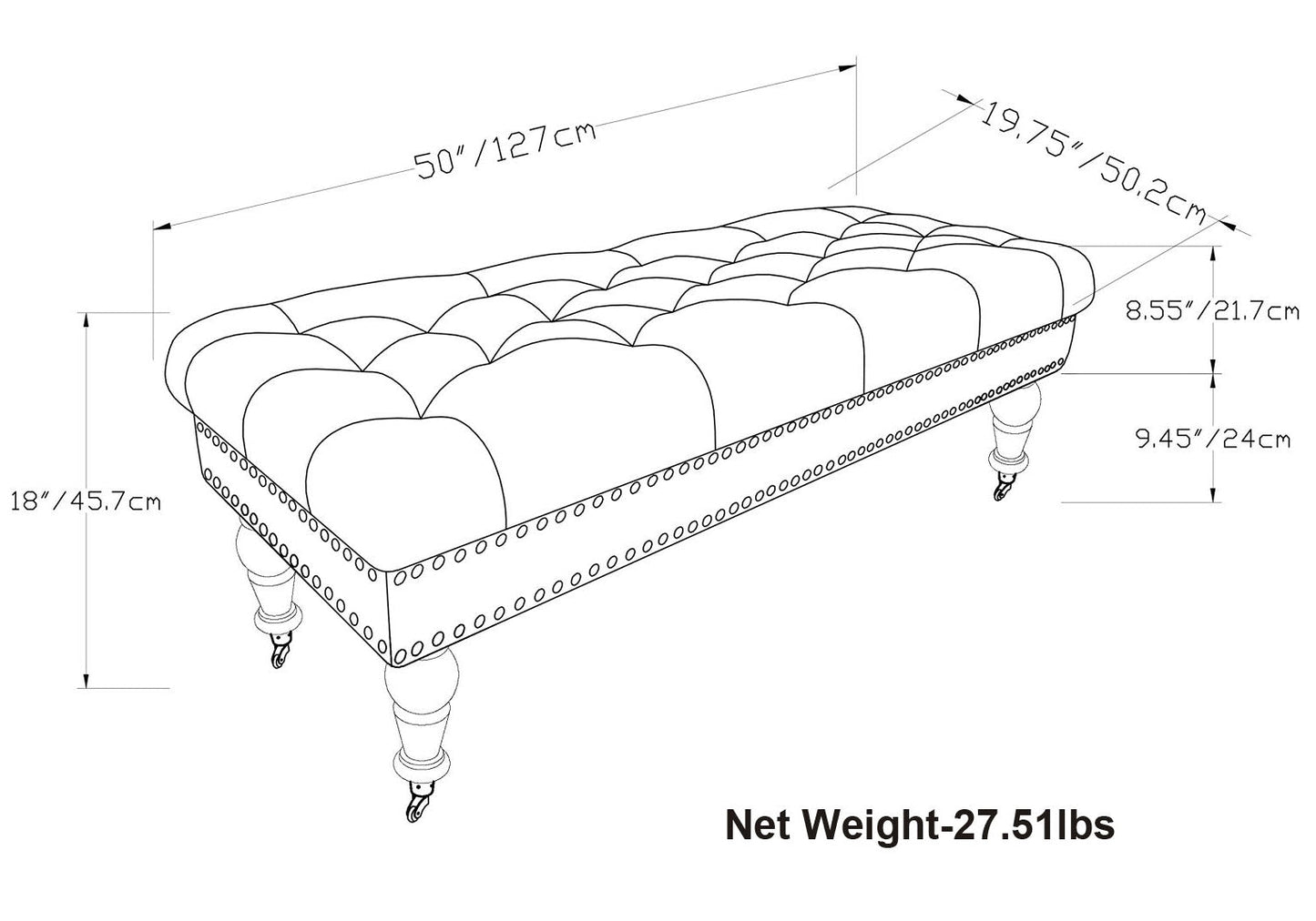 Fortune Upholstered Ottoman Bench with Tufted Top, Nailhead Trim and Carved Legs