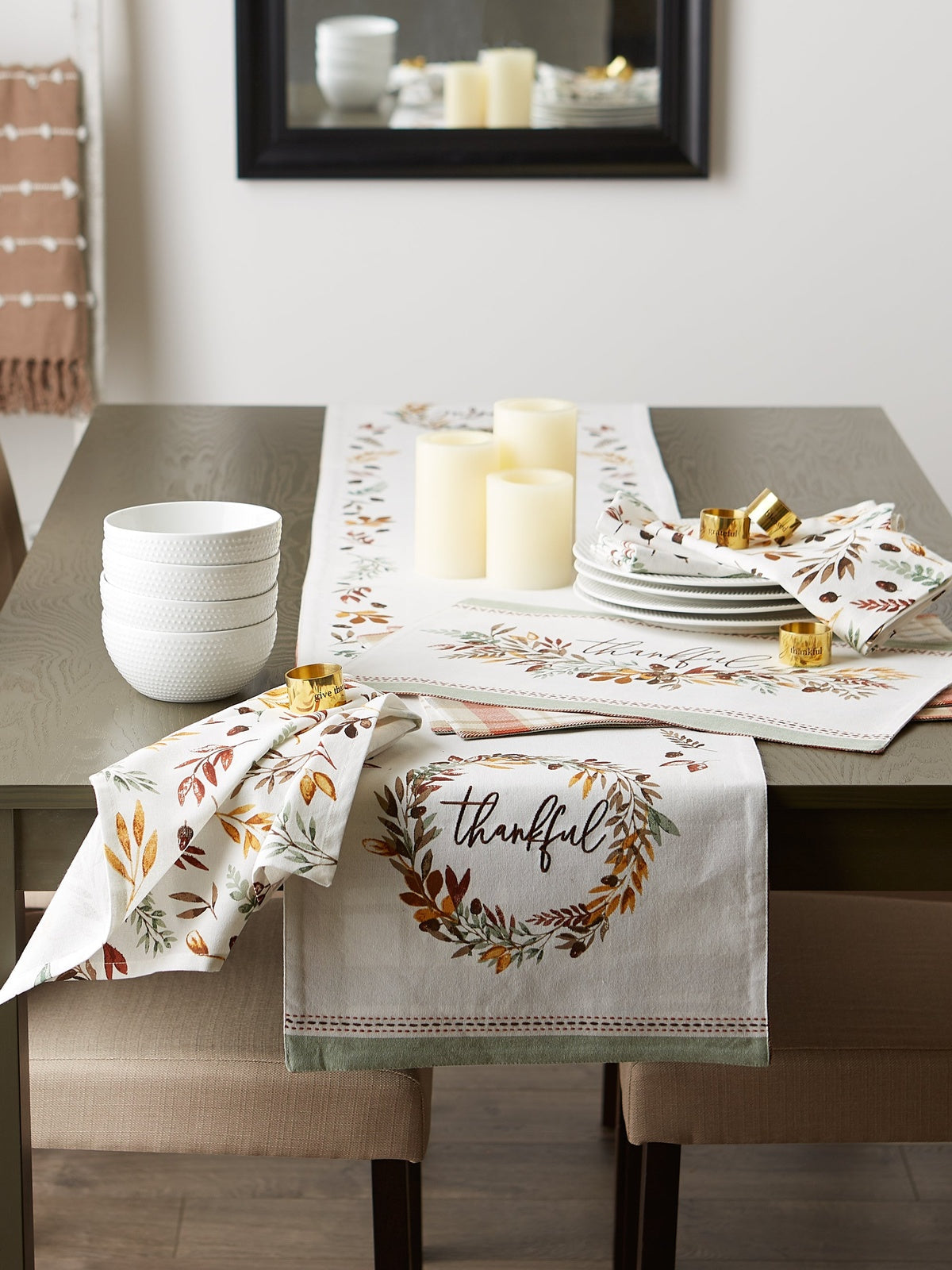 Thankful Autumn Wreath Reversible Embellished Table Runner 14X72