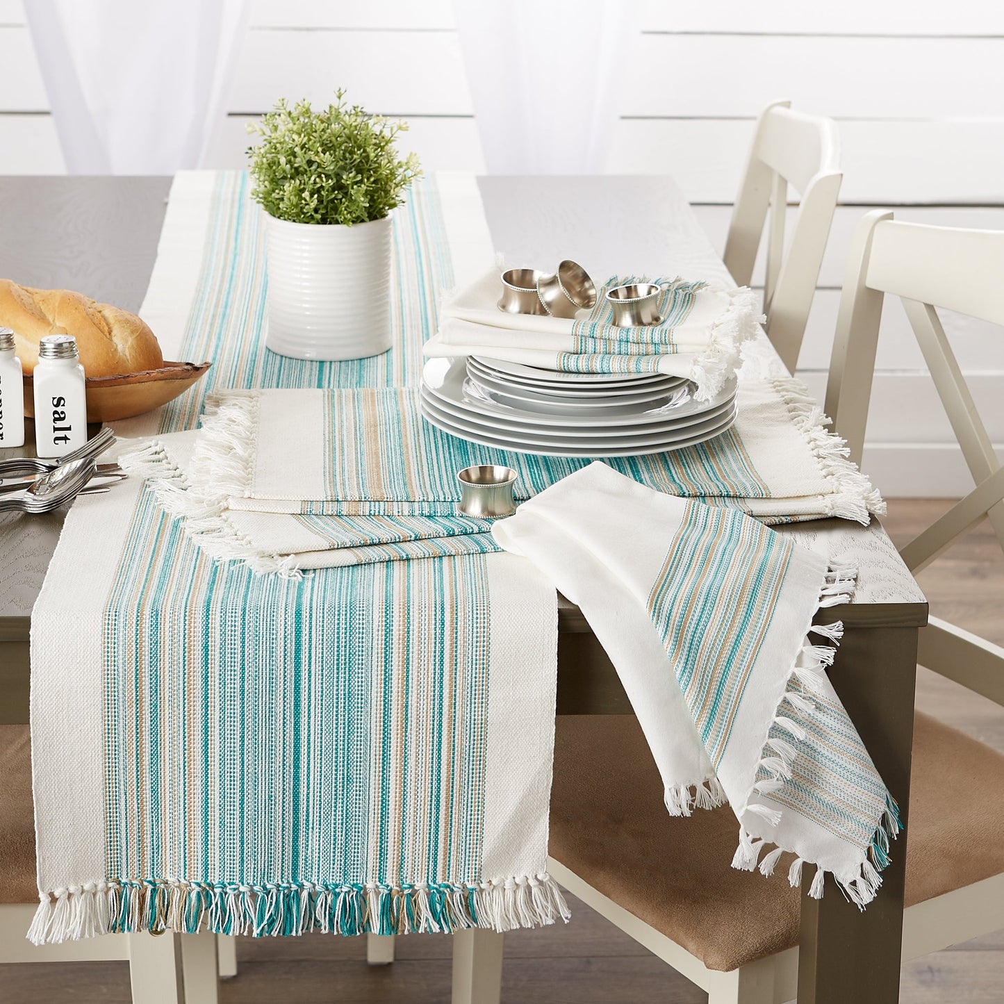 Teal Blue Striped Fringe Ribbed Table Runner 14X108