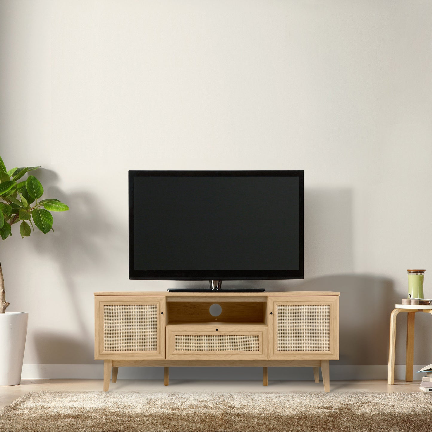 Caned TV Stand, Drawer, Storage Doors Fits TVs up to 65", Cable Management