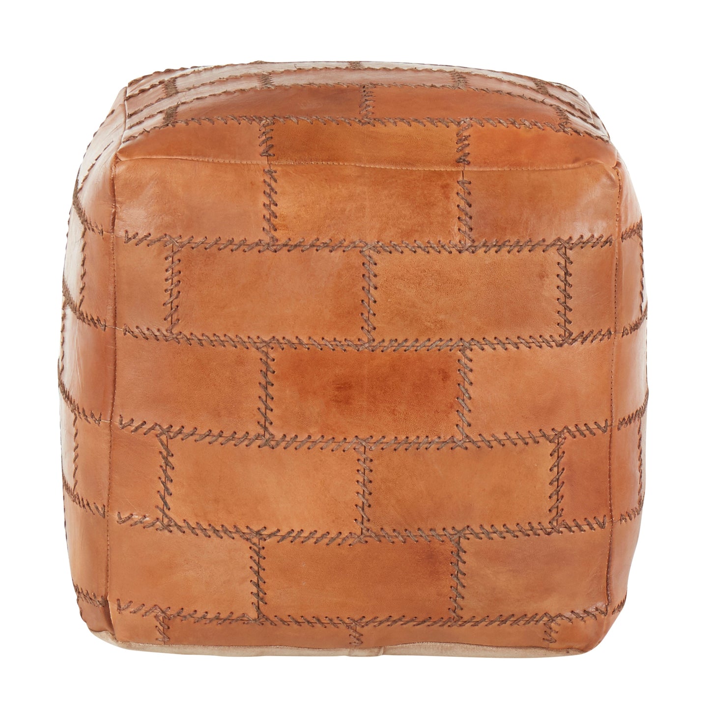 Leather Pouf with Patchwork Stitching