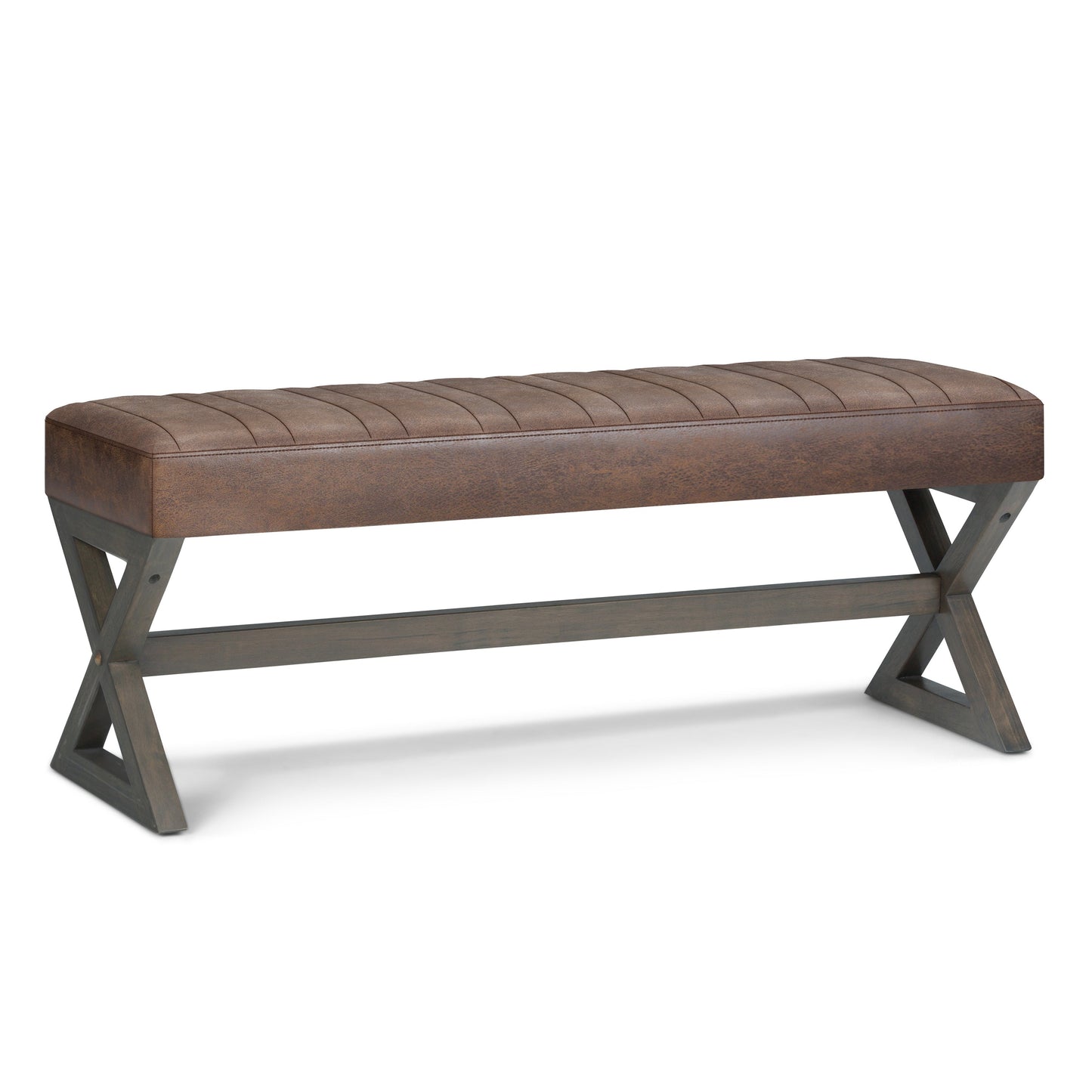 Bloom Upholstered Ottoman Bench with Vertical Stitching and X Design Trestle Base