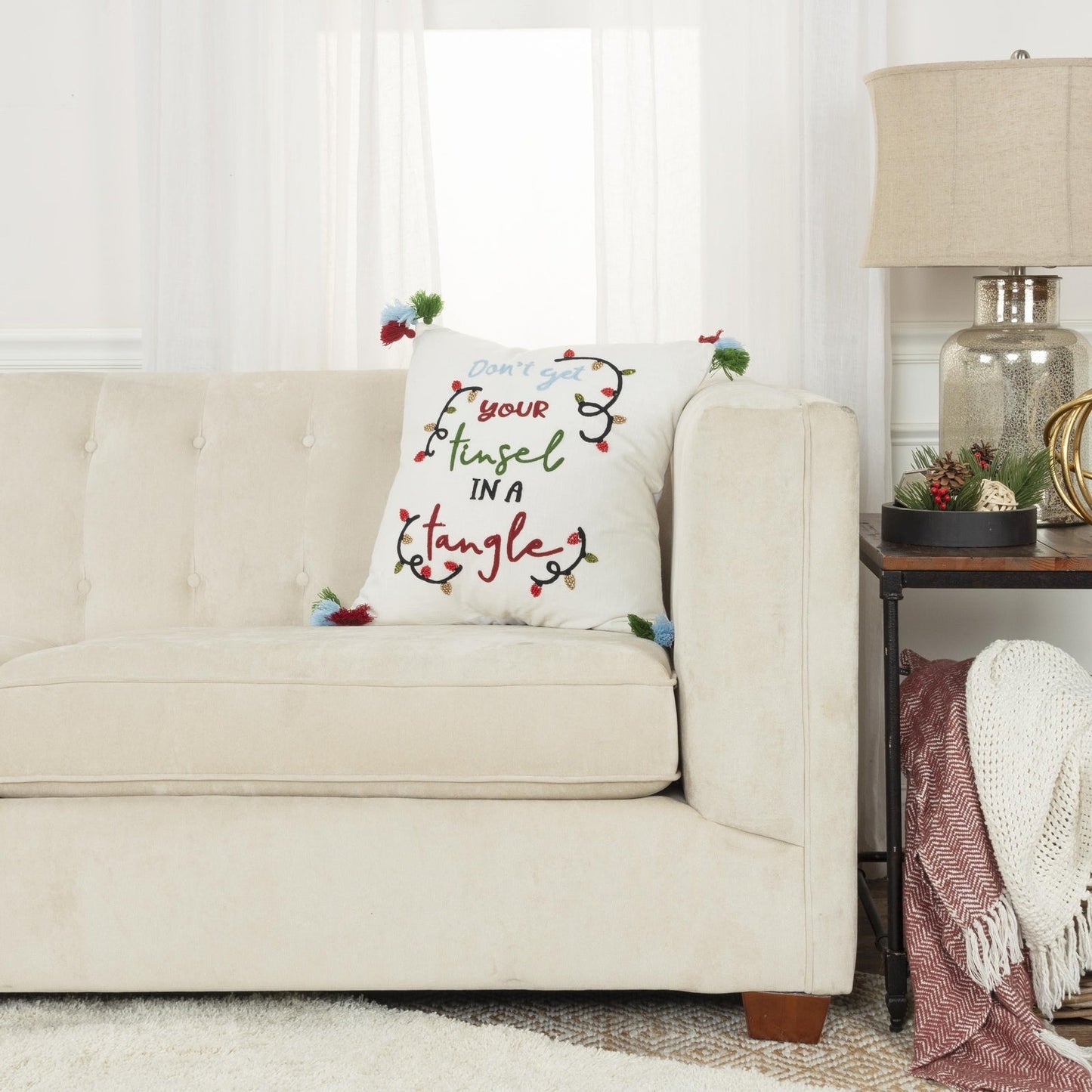 Embroidered Cotton Slub Sentiment Decorative Throw Pillow