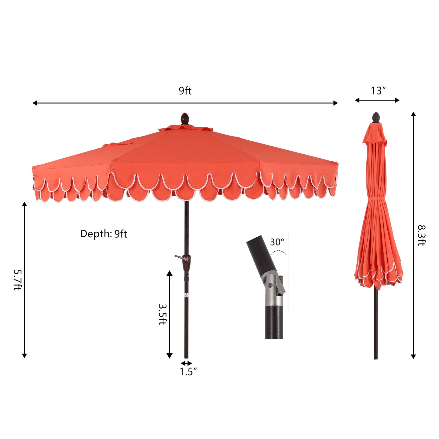 Tracy Classic MidCentury Scalloped Fringe Market Patio Umbrella with Auto-Tilt