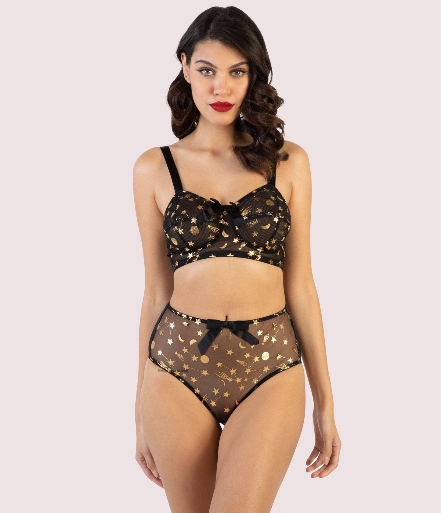 Bettie Page Solar Black & Gold Cosmic Print Bullet Bra