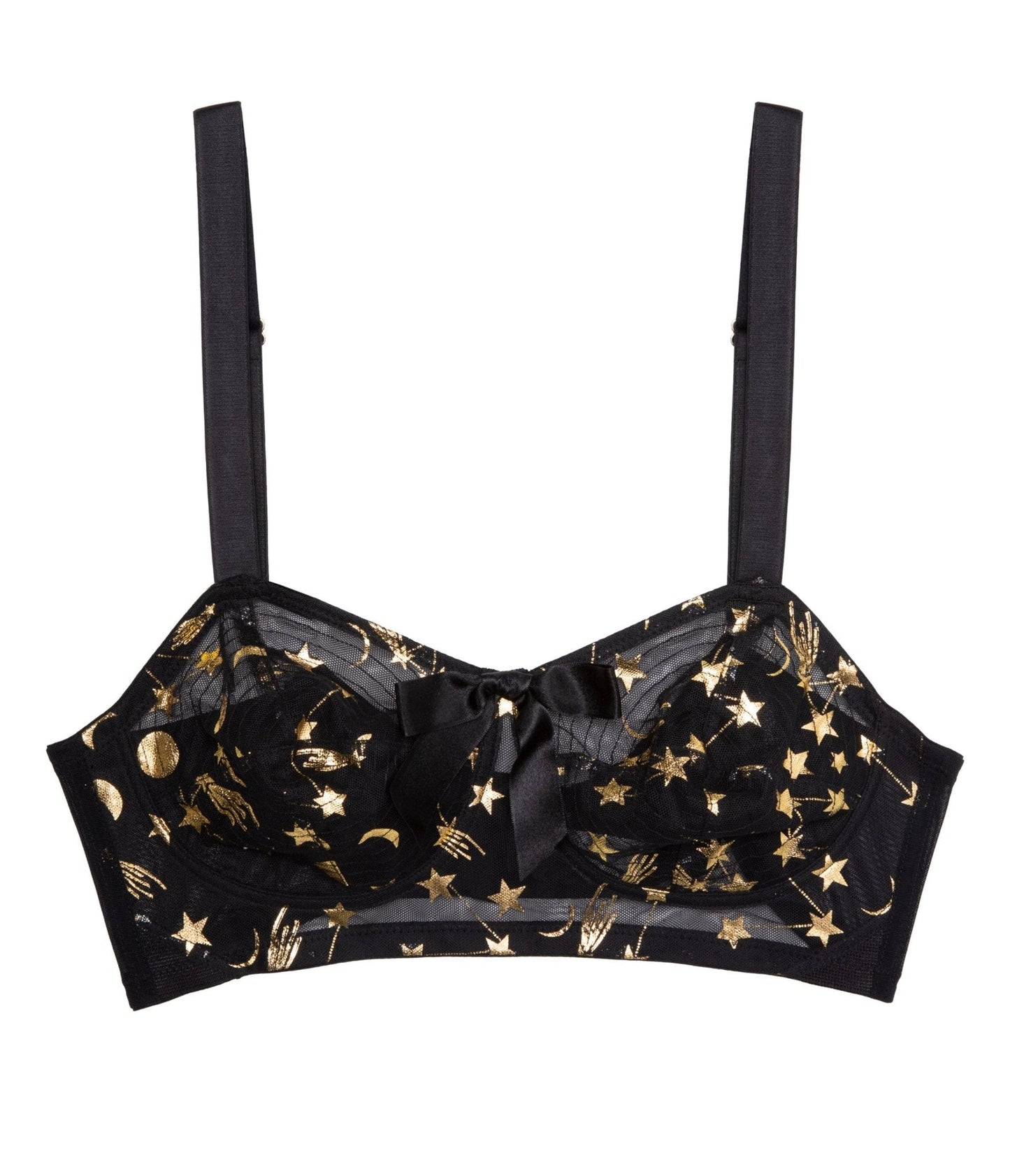 Bettie Page Solar Black & Gold Cosmic Print Bullet Bra