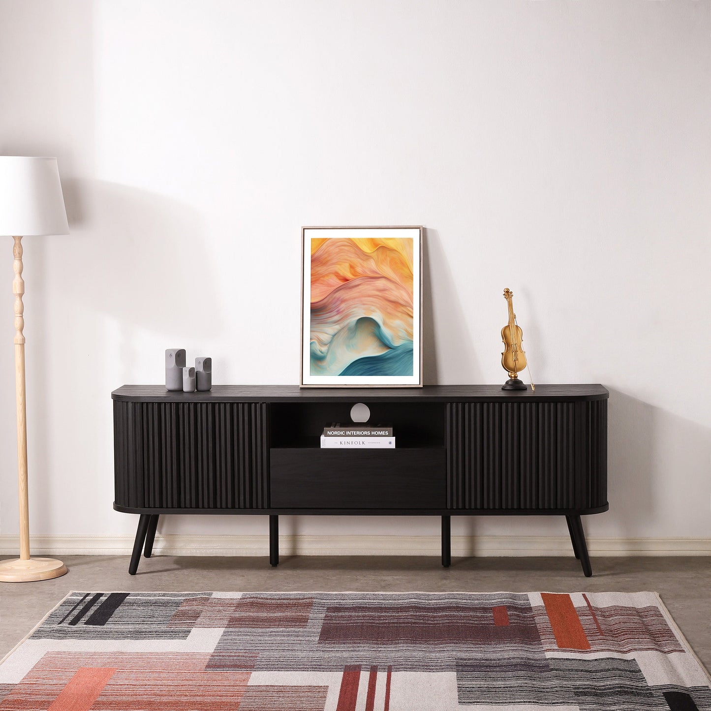 Damien Farmhouse Curved TV Stand with Drawer and Storage Doors Fits TVs up to 75 in. with Cable Management