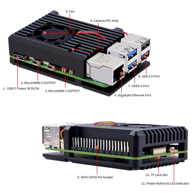 Black Aluminum Case With Heatsink Fan for Raspberry Pi 5 [Discontinued]