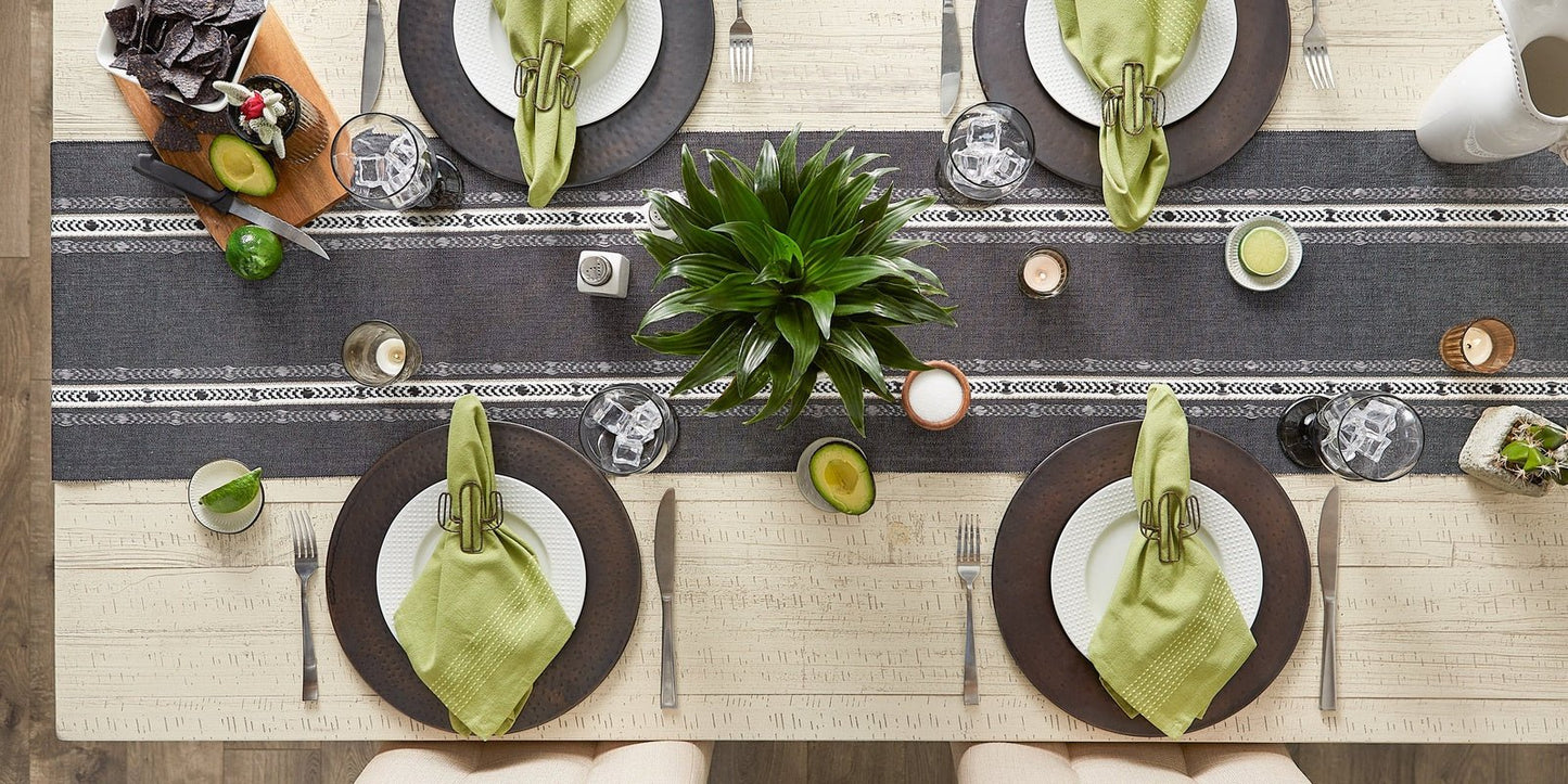 Black Dobby Striped Fringe Ribbed Table Runner