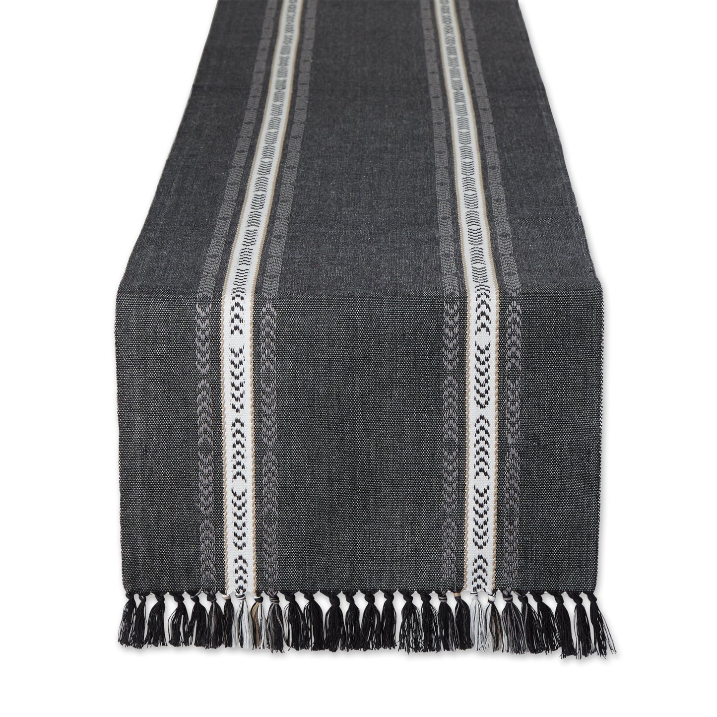 Black Dobby Striped Fringe Ribbed Table Runner