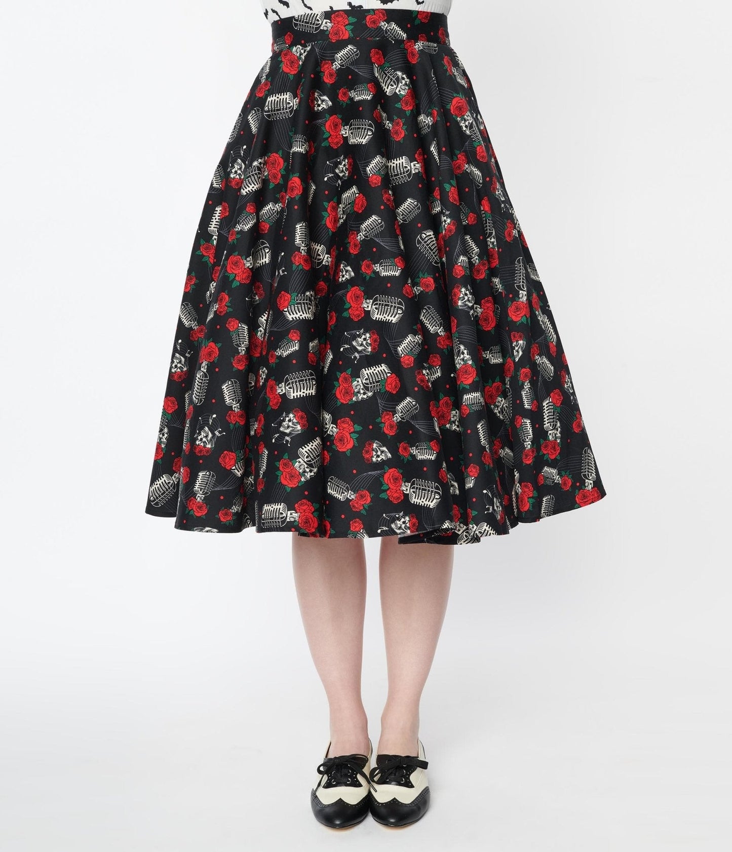 Black & Skull Rose Swing Skirt