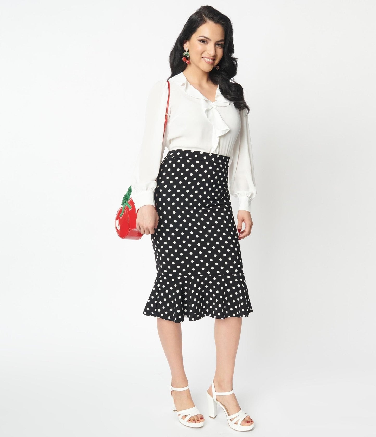 Black & White Polka Dot Ruffled Hem Pencil Skirt