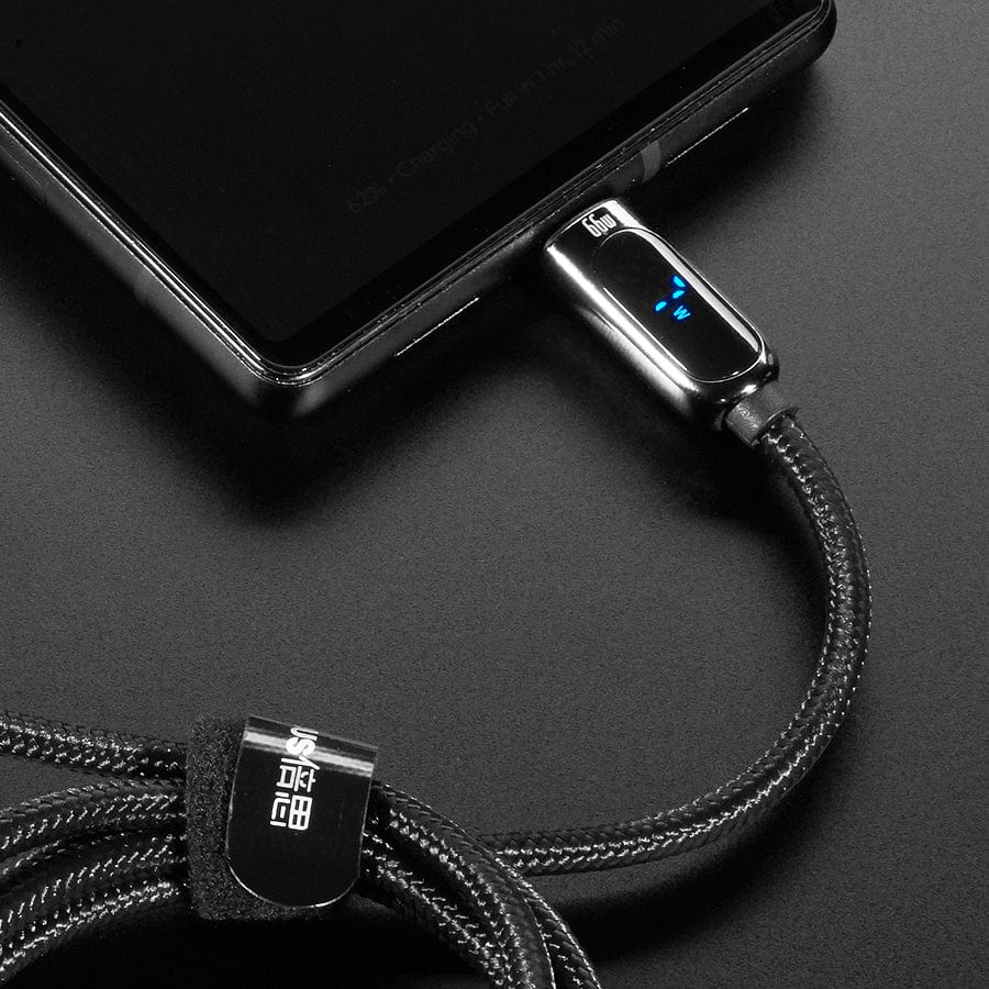 Black Woven USB A to USB C Cable with 66W Watt Display - 1 meter