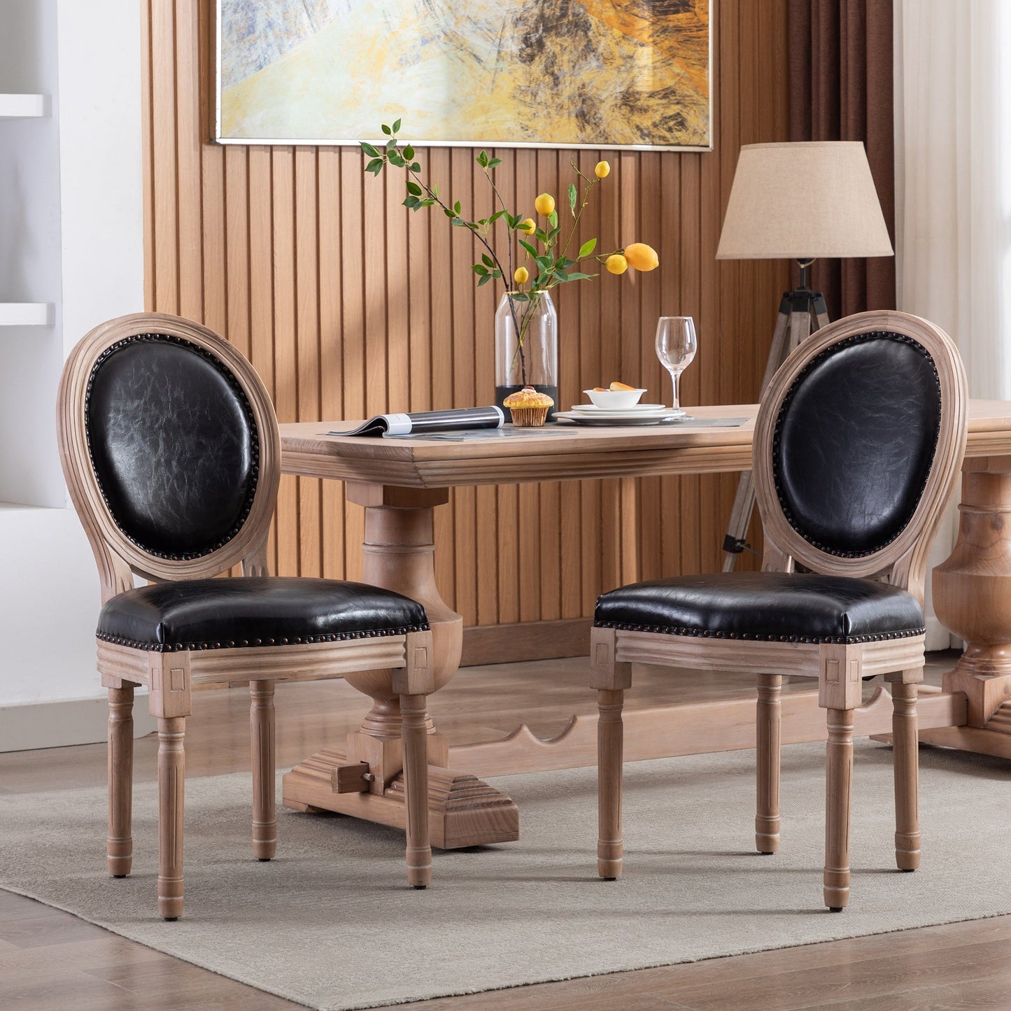 Bliss Upholstered Fabric PU Leather French Dining Chair with Rubber Wood Legs, Set of 2