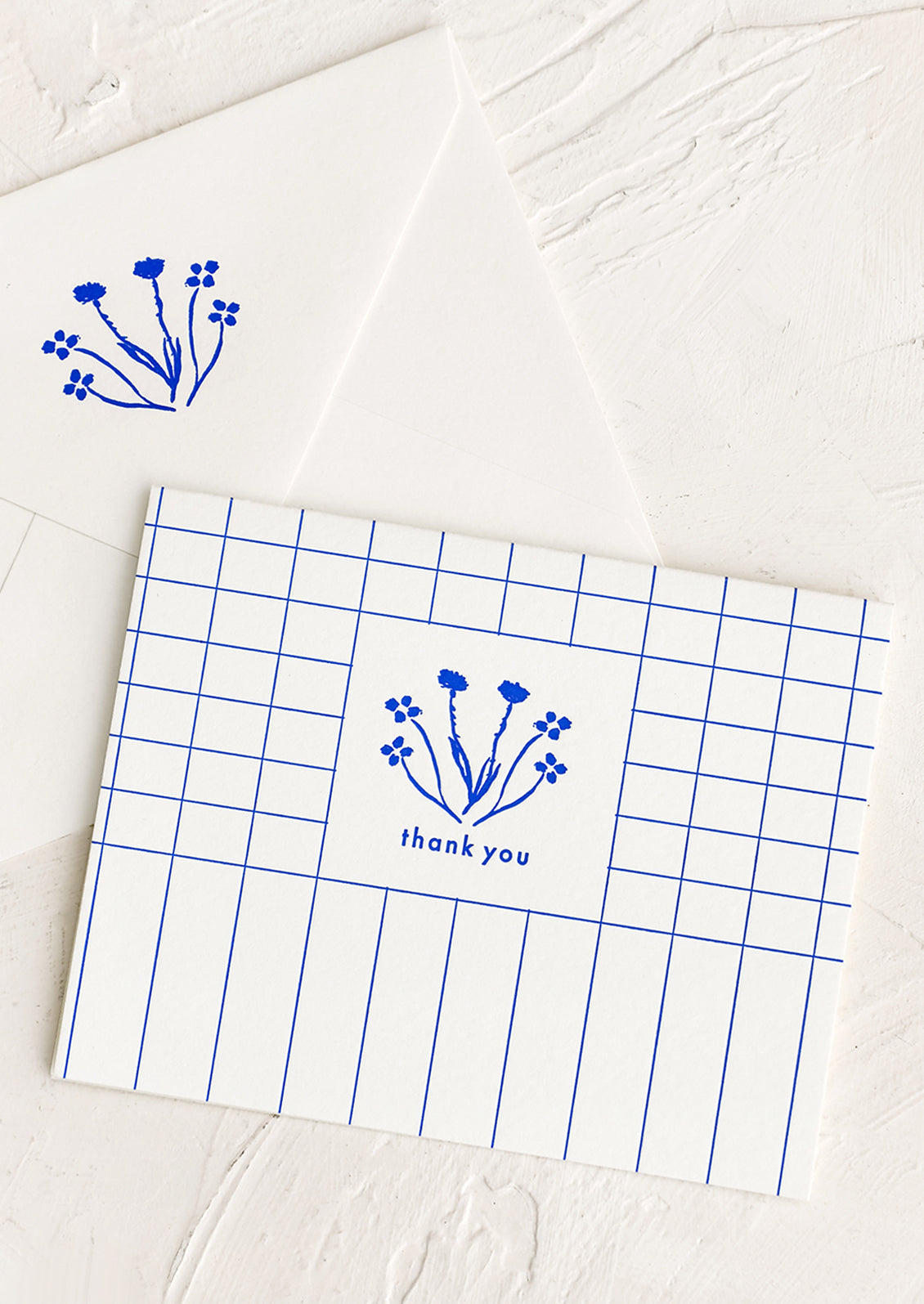 Blue Grid Floral Thank You Card