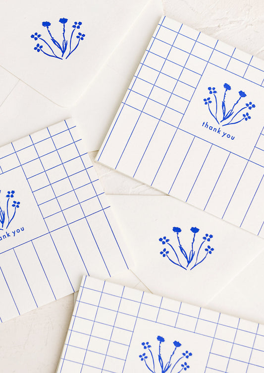 Blue Grid Floral Thank You Card