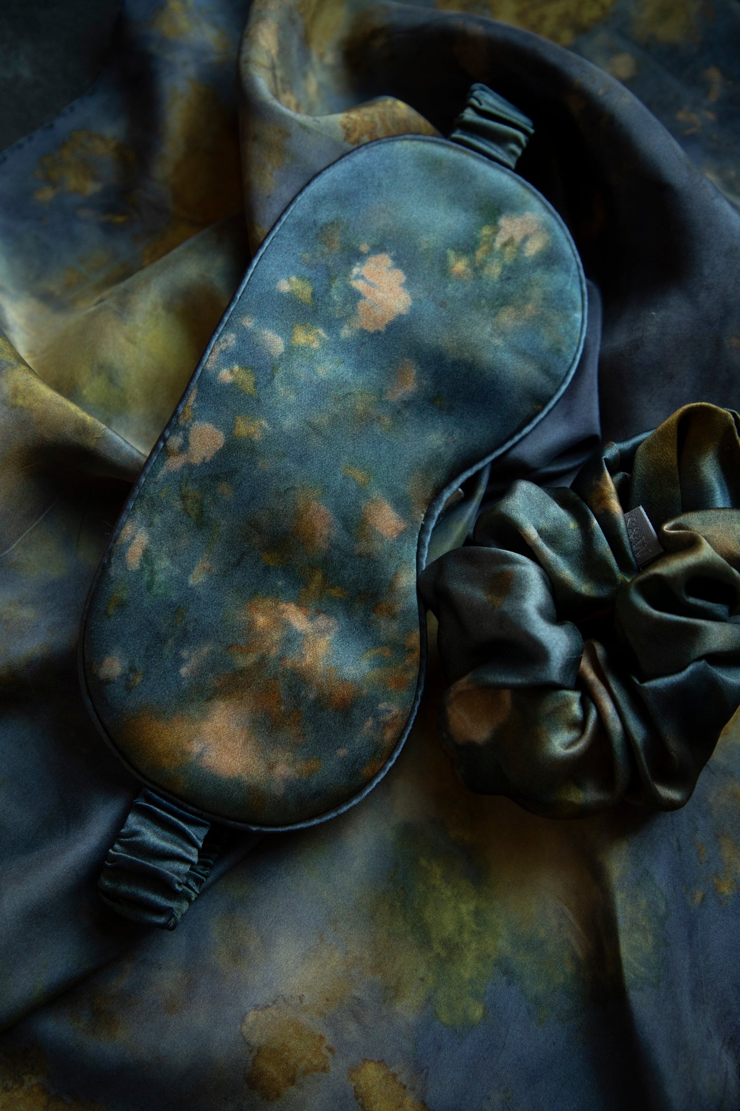 Botanical Print • Silk Sleep Eye Mask + Hair Scrunchie Set / Midnight