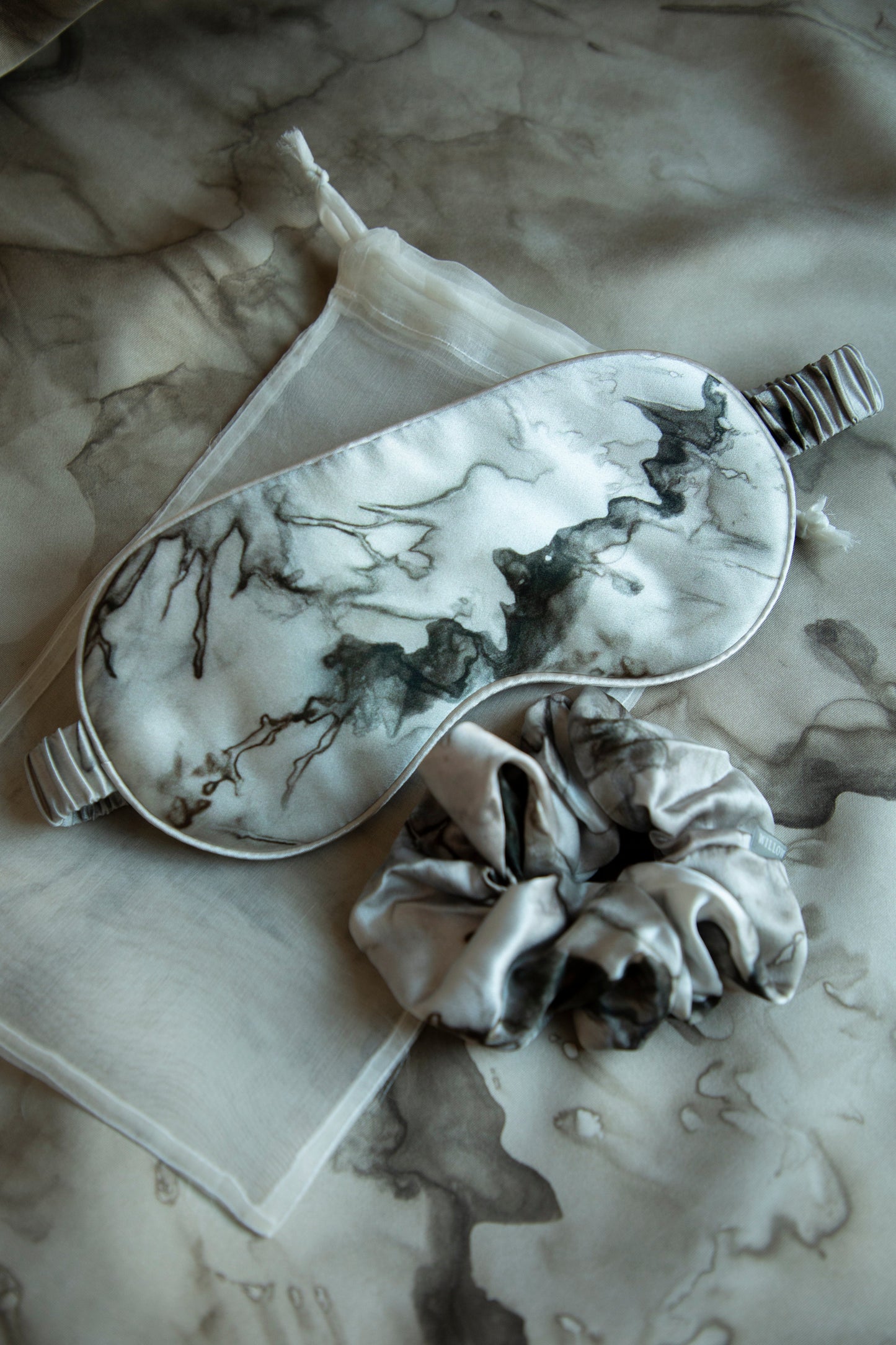 Botanical Print • Silk Sleep Eye Mask + Hair Scrunchie Set / Woodgrain