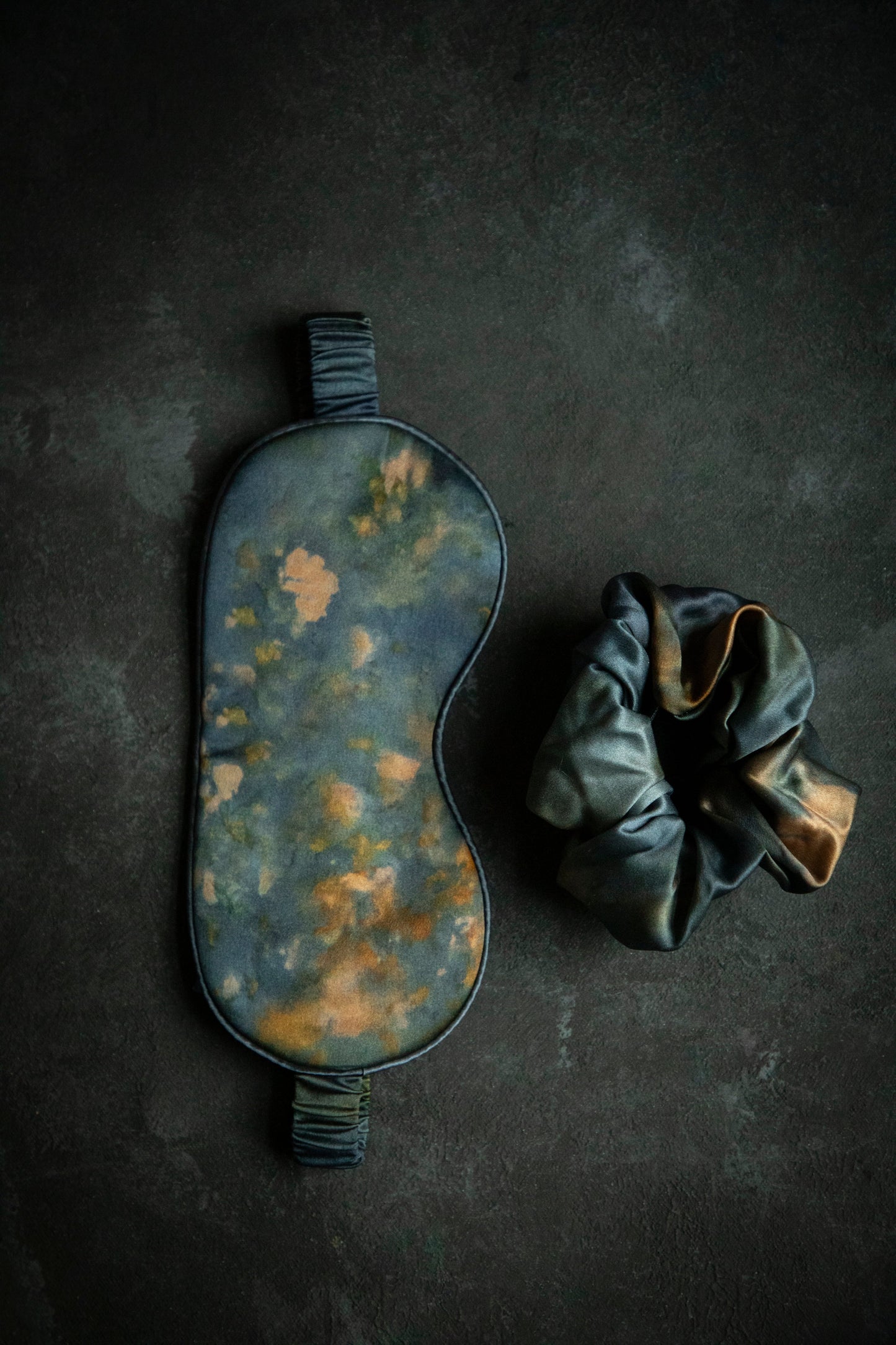 Botanical Print • Silk Sleep Eye Mask + Hair Scrunchie Set / Midnight