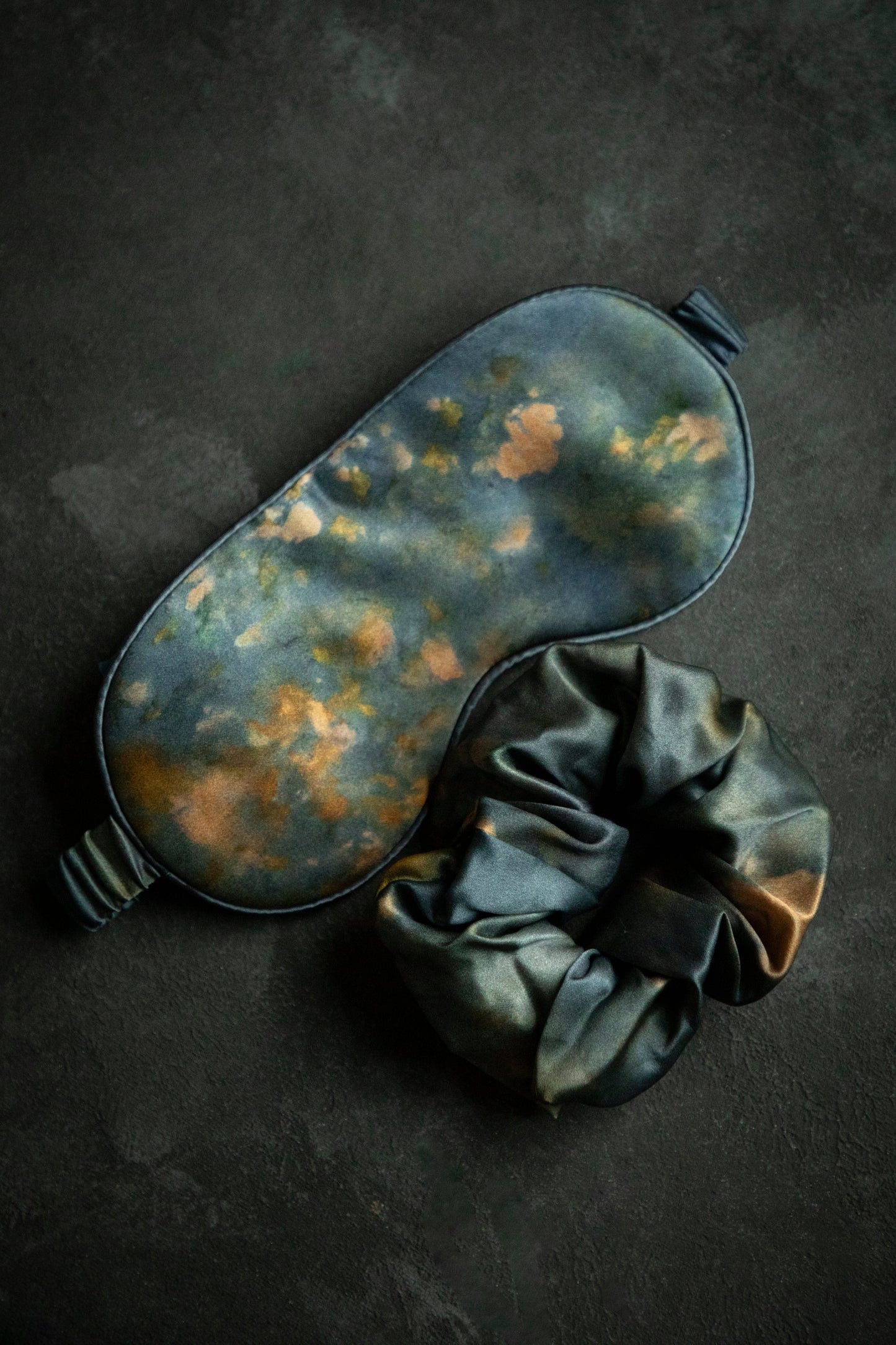 Botanical Print • Silk Sleep Eye Mask + Hair Scrunchie Set / Midnight
