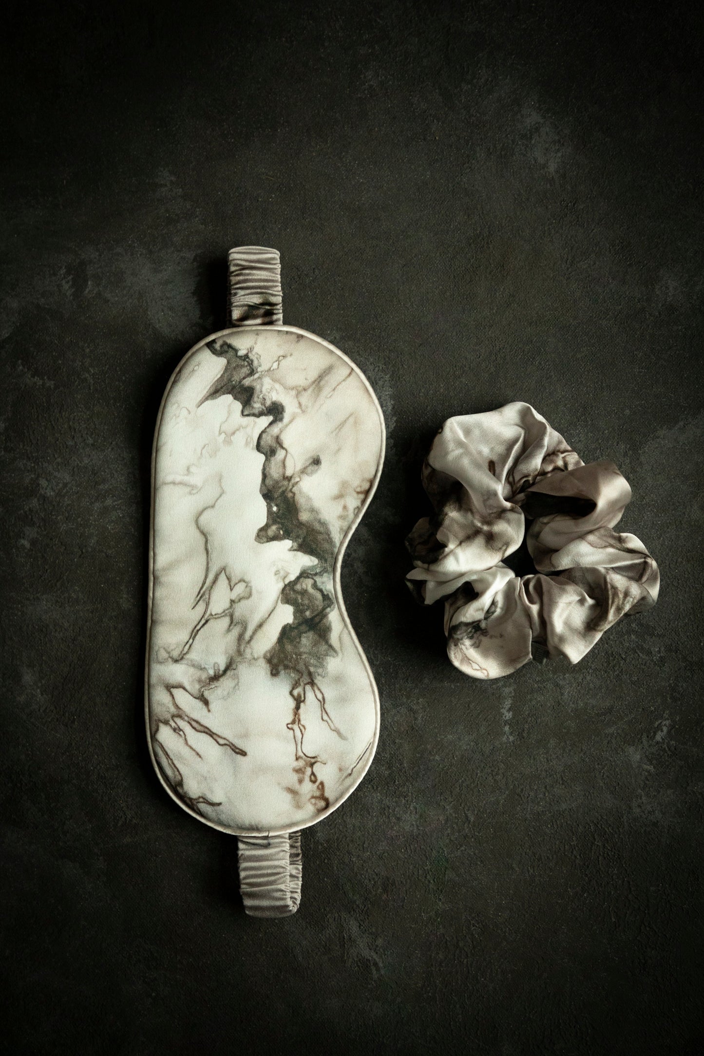 Botanical Print • Silk Sleep Eye Mask + Hair Scrunchie Set / Woodgrain