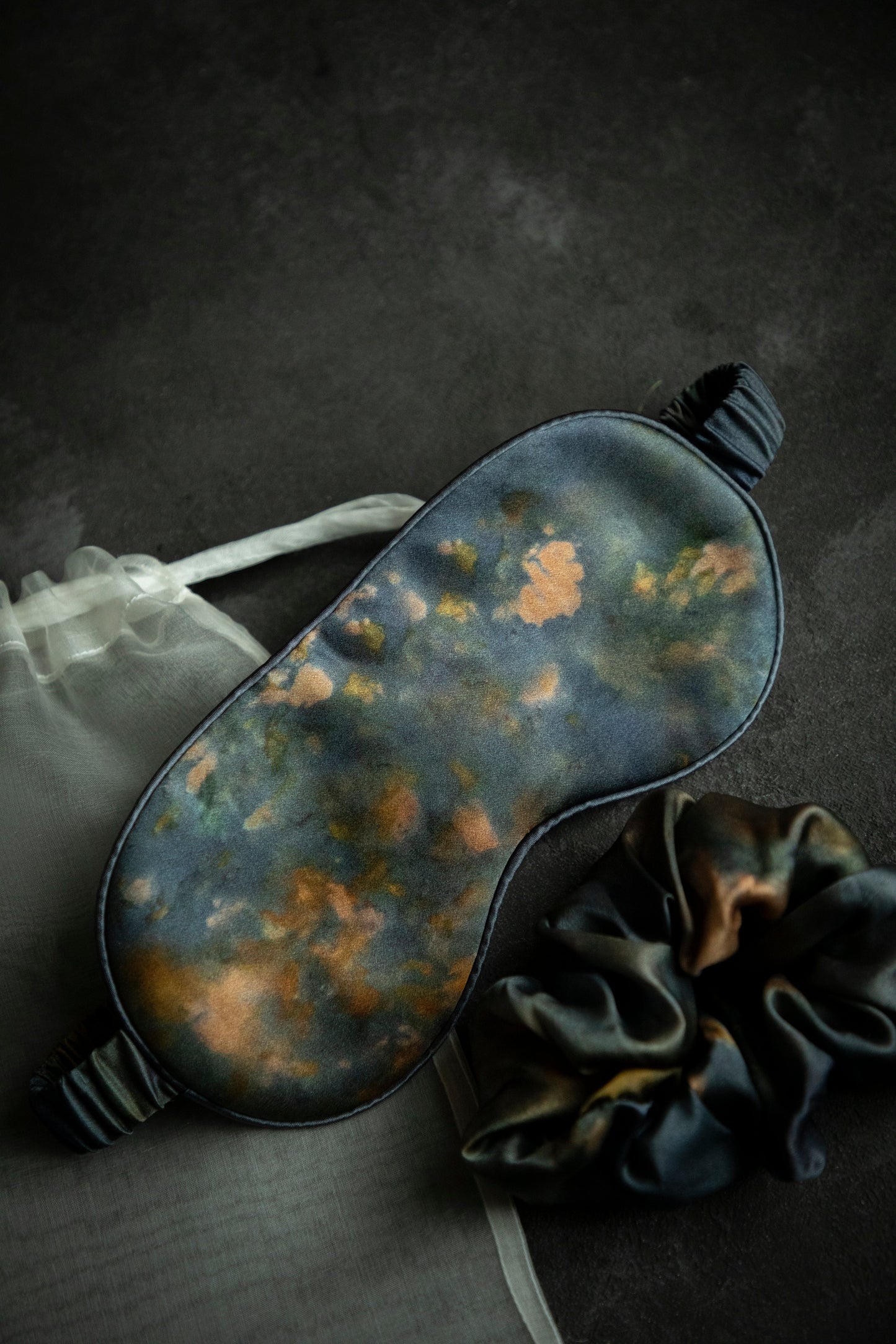 Botanical Print • Silk Sleep Eye Mask + Hair Scrunchie Set / Midnight