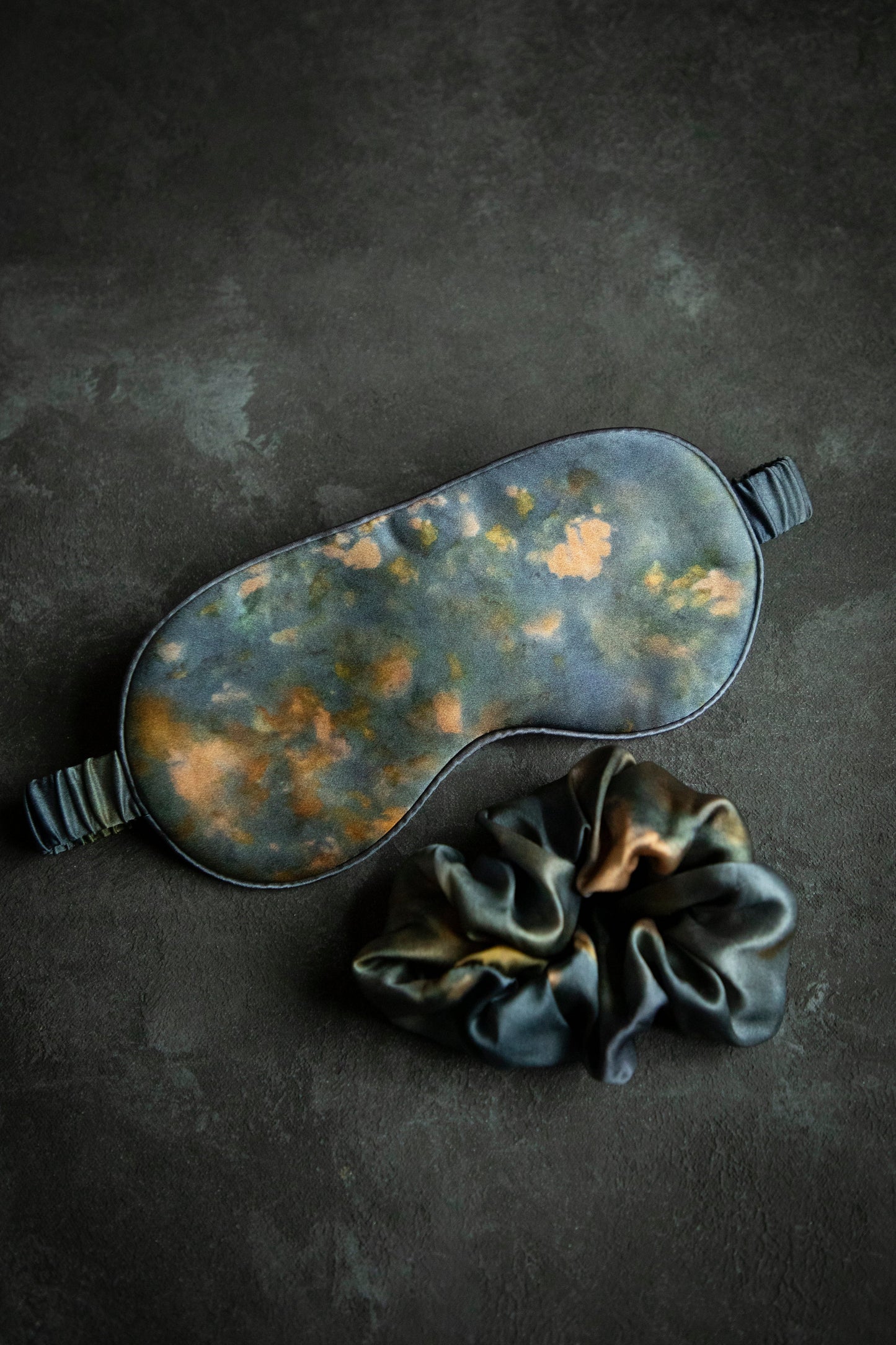 Botanical Print • Silk Sleep Eye Mask + Hair Scrunchie Set / Midnight