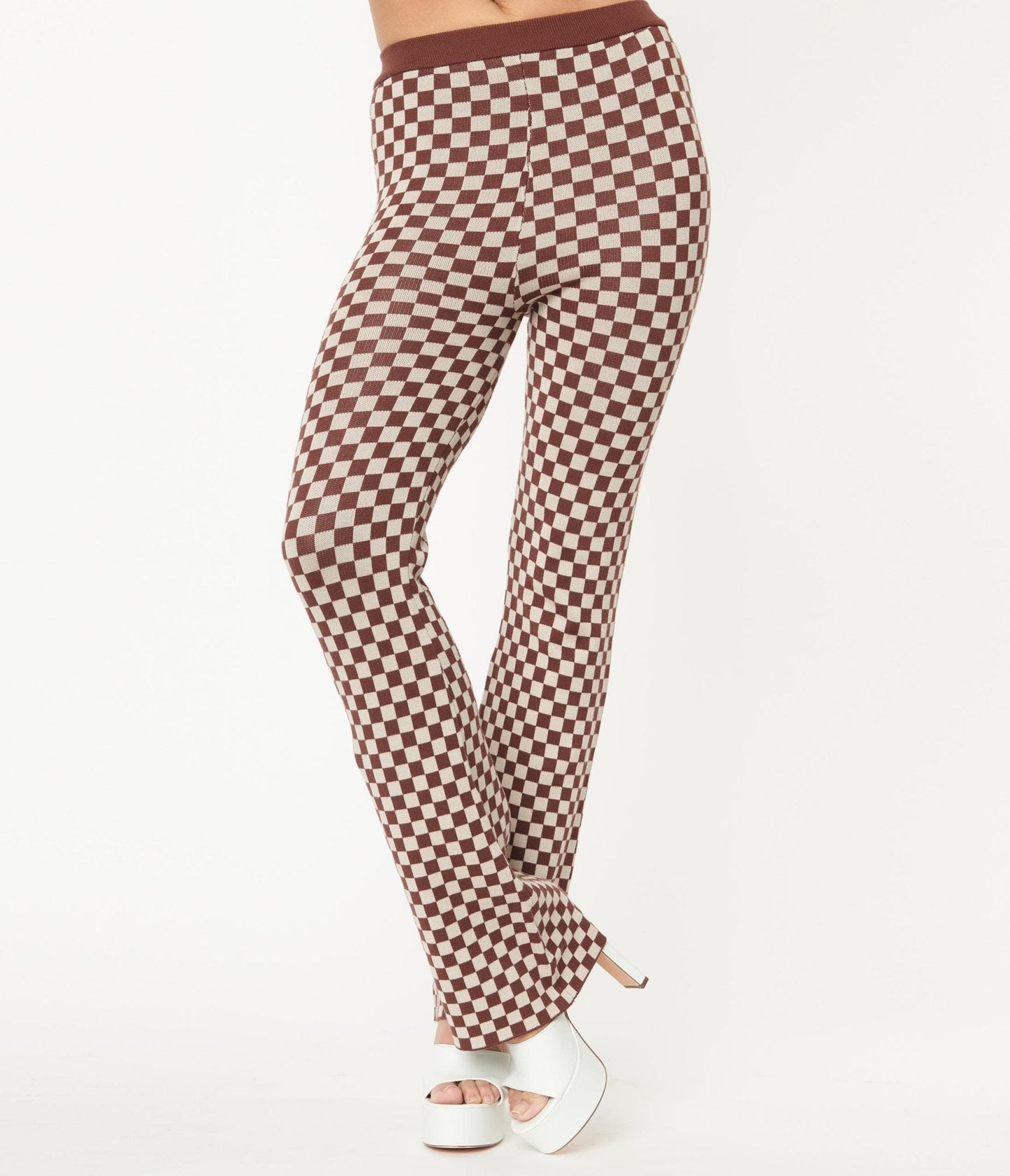 1970s Brown Check Sweater Flare Pants