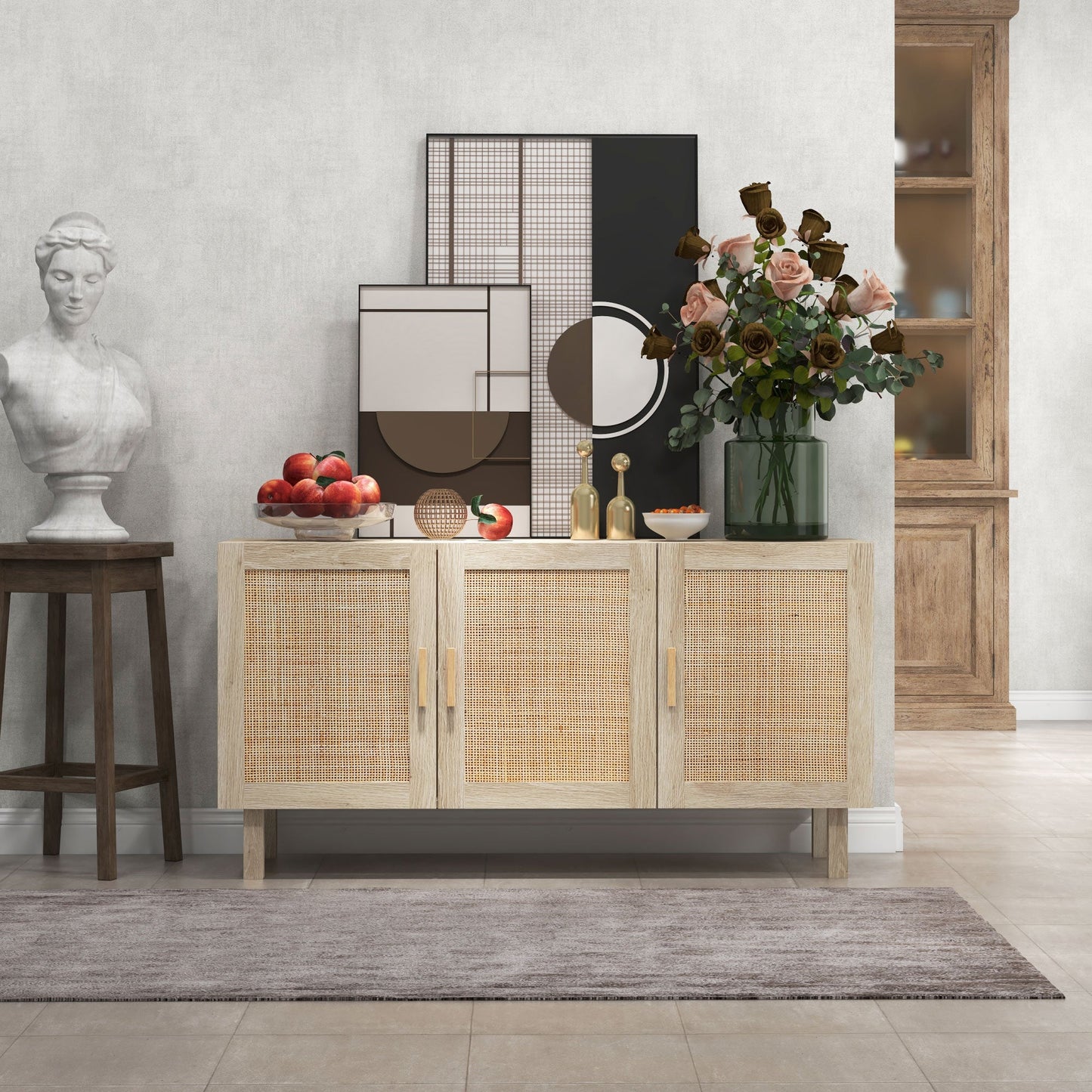 Particle Board Cabinet with 3 Rattan Doors and Adjustable Shelves