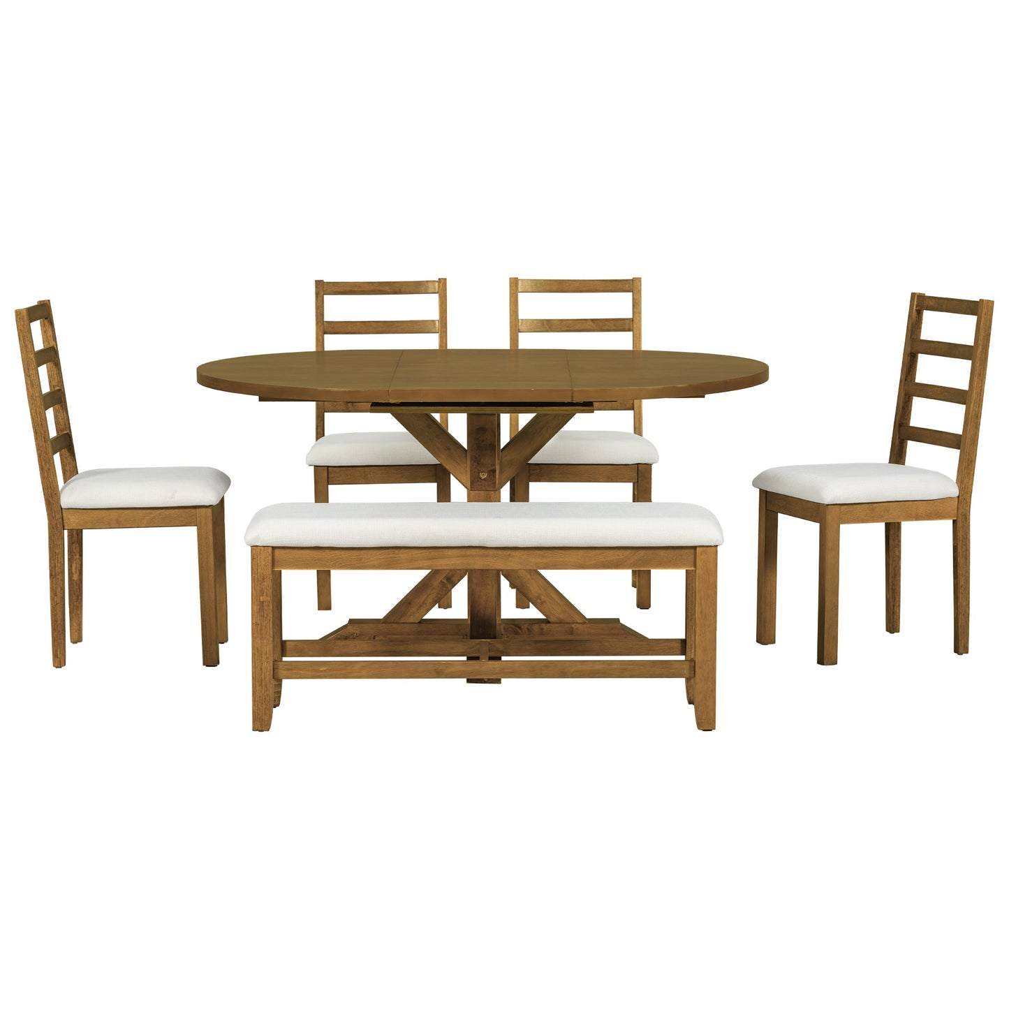 Kivor 6-Piece Dining Set with Extendable Table, Bench and 4 Ladder-Back Chairs
