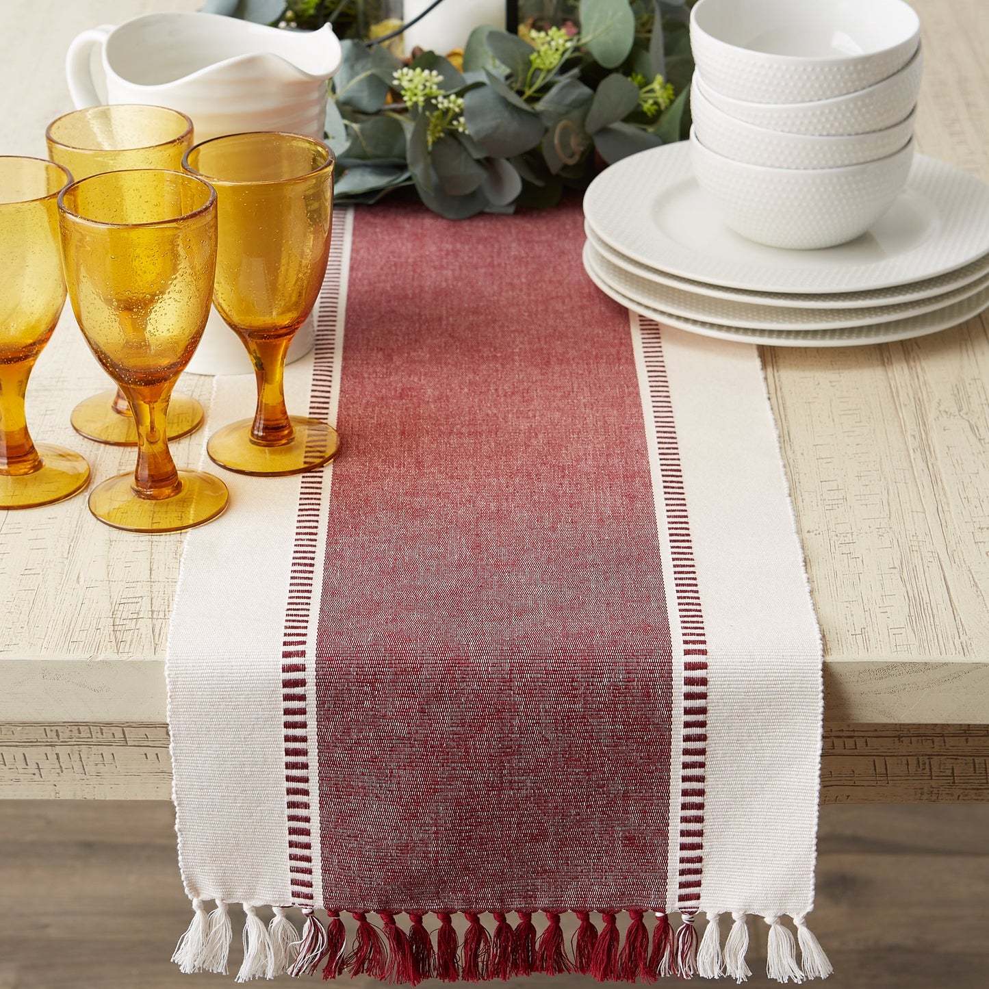 Redwood Striped Fringe Ribbed Table Runner 13X72