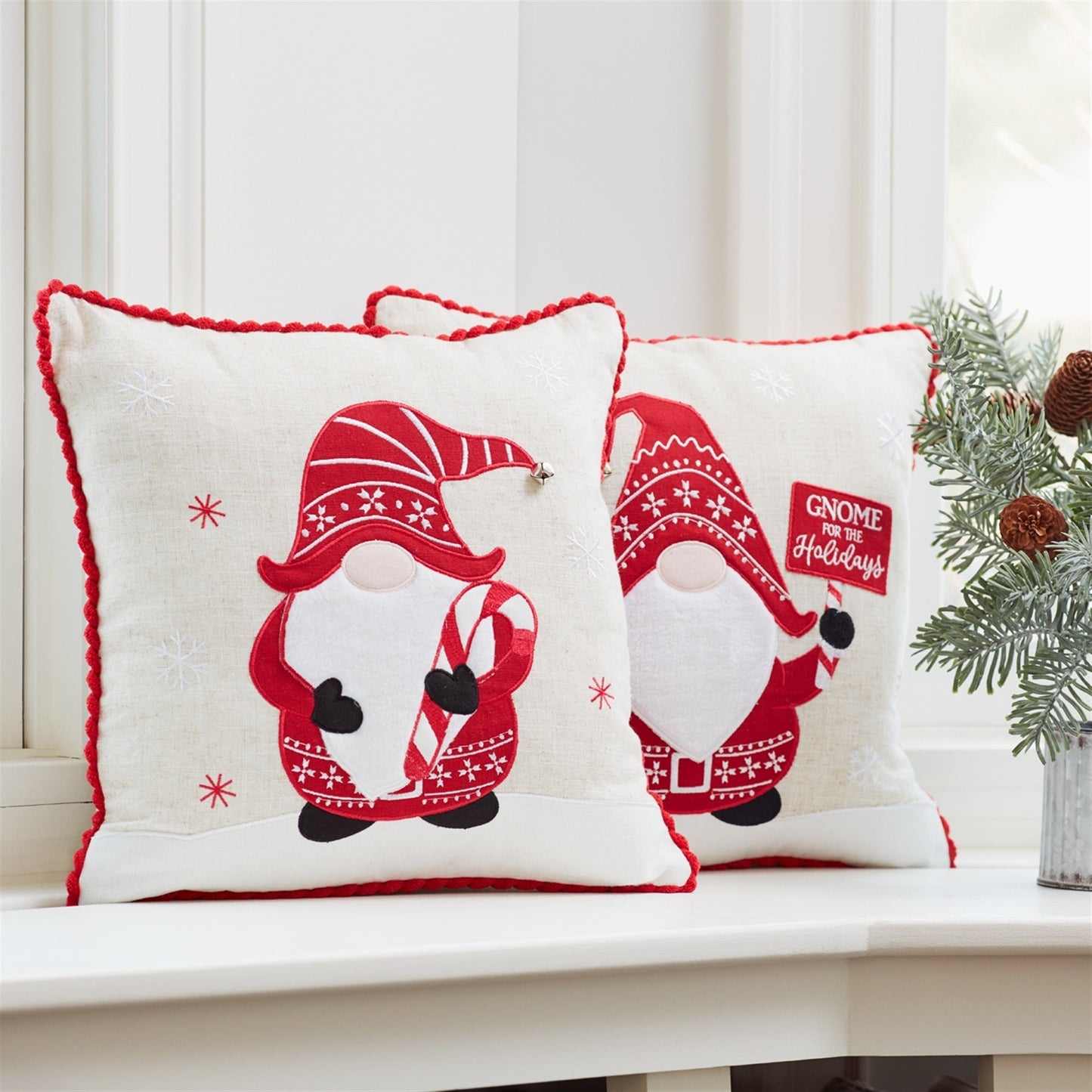 Embroidered Gnome and Nordic Snowflake Pillow, Set of 2