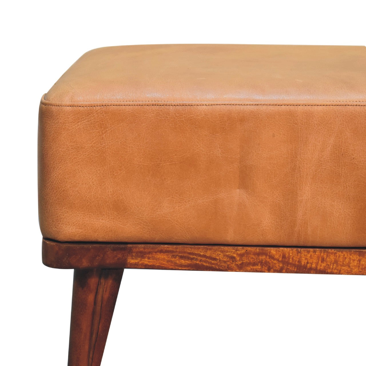 Buffalo Leather Footstool with Wood Tapered Legs