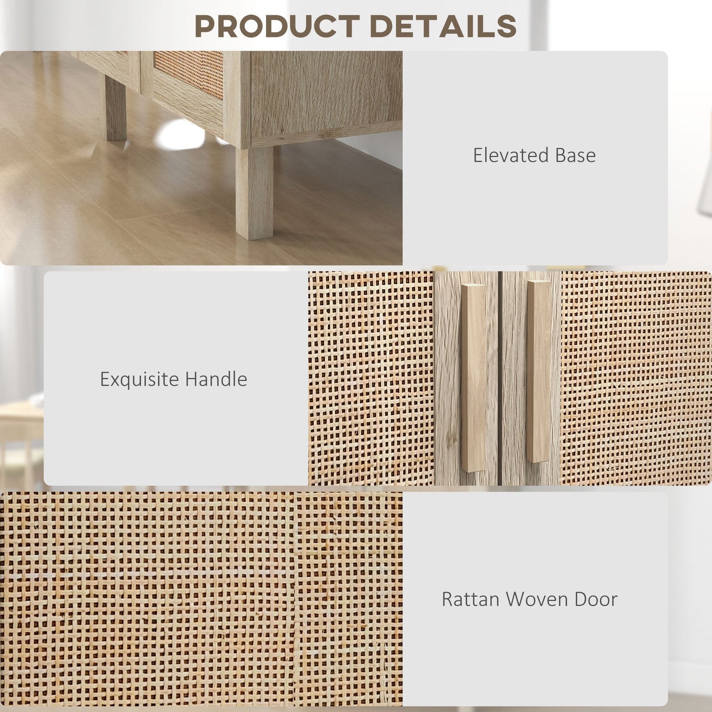 Particle Board Cabinet with 3 Rattan Doors and Adjustable Shelves