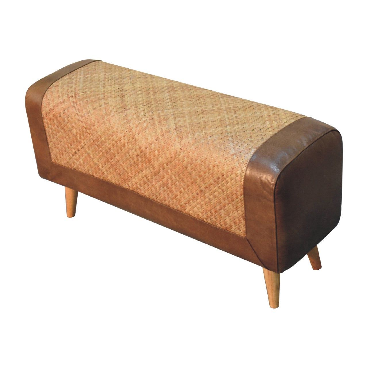 Large Upholstered Bench with Seagrass Base and Wood Legs