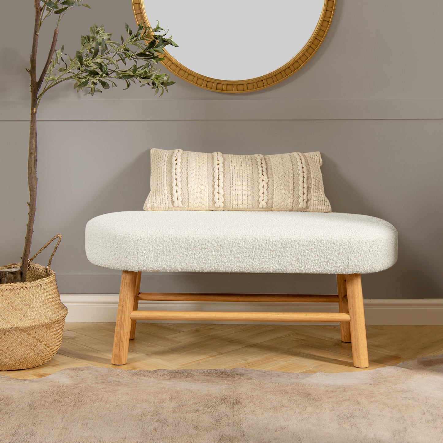 Rounded Pill-Shaped Upholstered Accent Bench with Natural Wood Legs