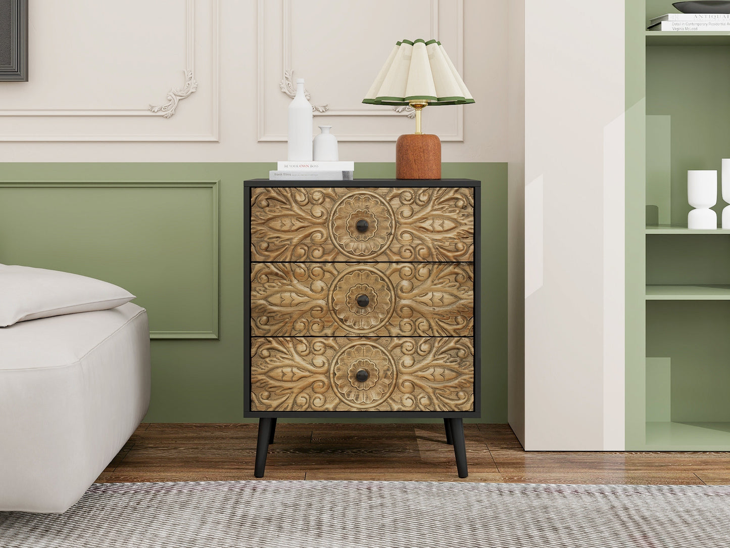 Cabinet with 3 Drawers and Hand-Carved Design