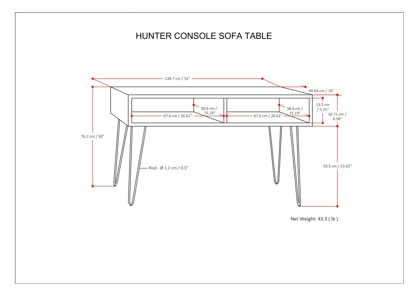 Console Sofa Table with 2 Open Compartments and Hairpin Legs