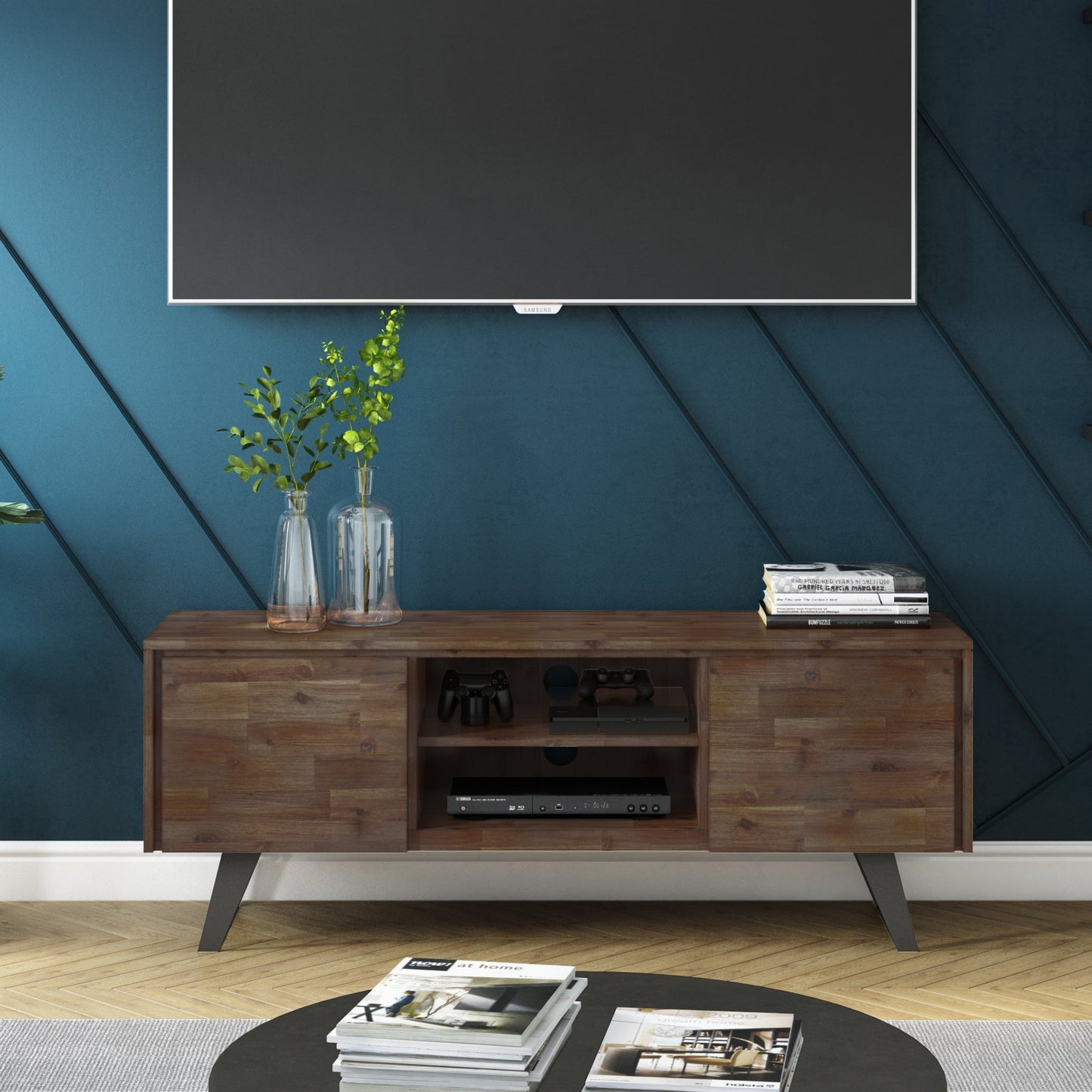 Pioneer TV Stand for TVs Up To 70 Inches with 2 Side Doors, Open Central Shelves and Metal Angled Legs