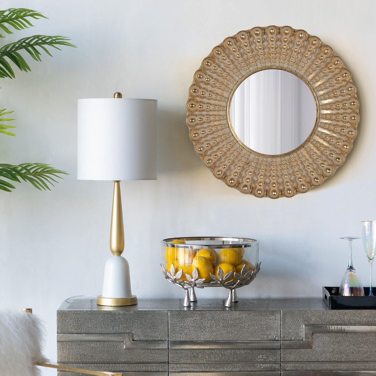 Whimsyes Round Mirror with Radiant Beaded Sunburst Design
