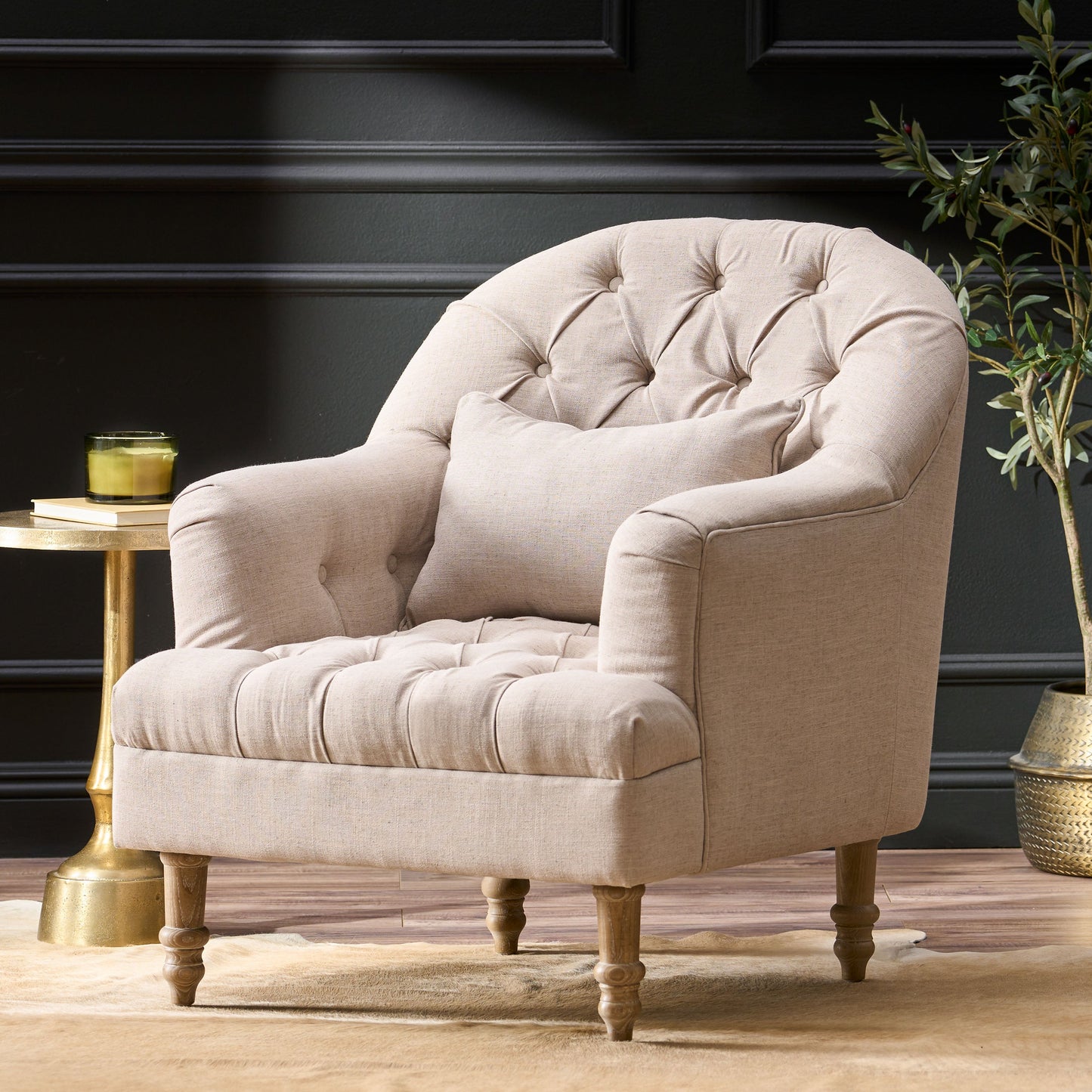 Button Tufted Accent Chair with Decorative Pillow