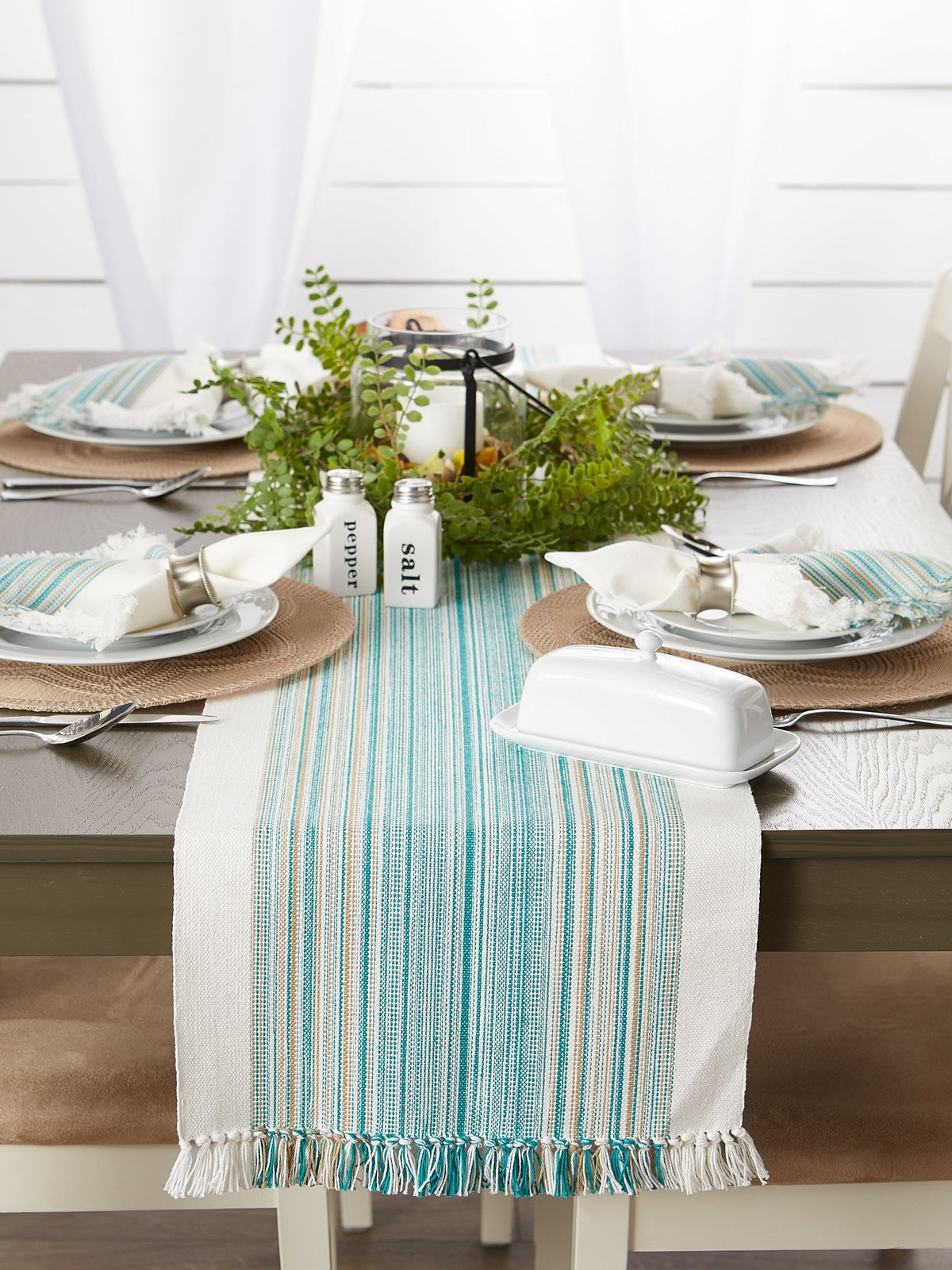 Teal Blue Striped Fringe Ribbed Table Runner 14X108