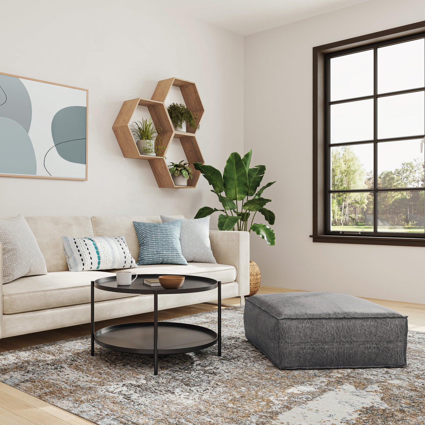 Ascendant Faux Leather Square Pouf with Top Stitching Detail